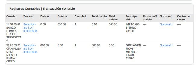 Registro contable generado automáticamente tras insertar los conceptos de reconciliación
