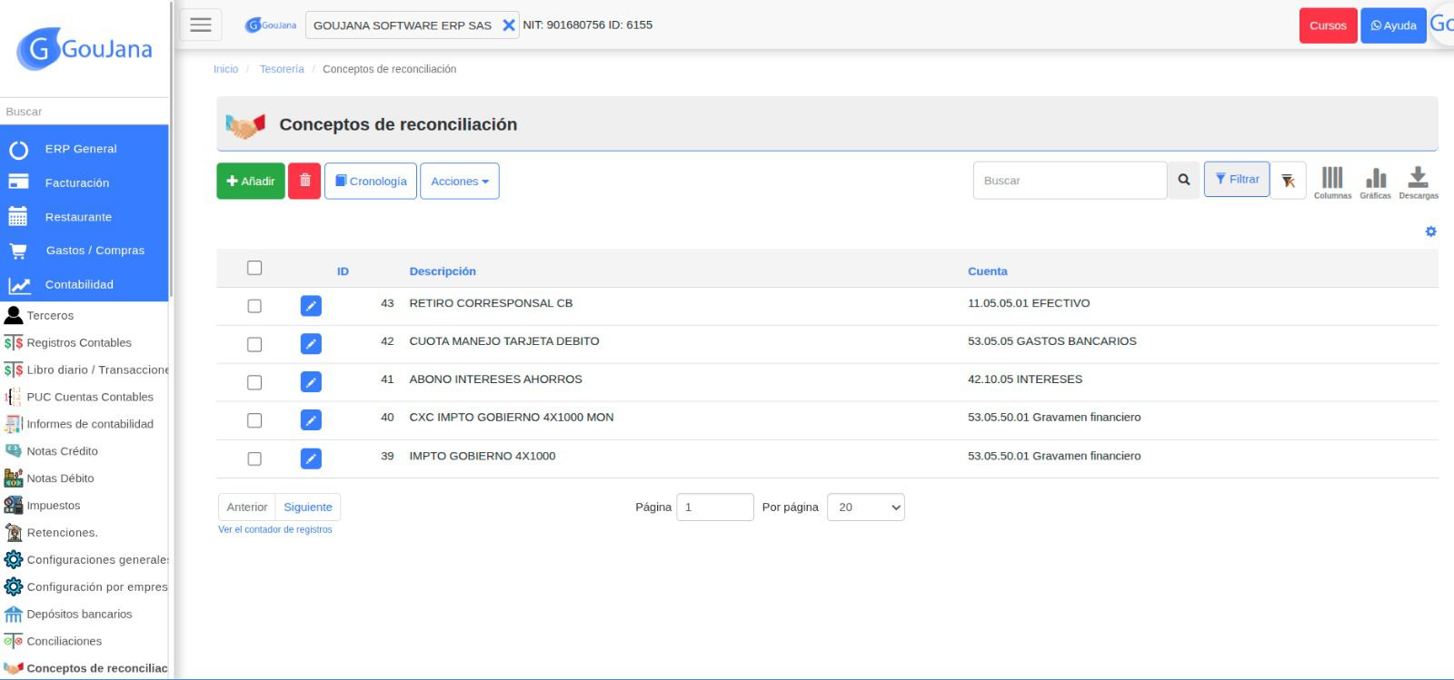 Pantalla de configuración de conceptos de reconciliación en Goujana