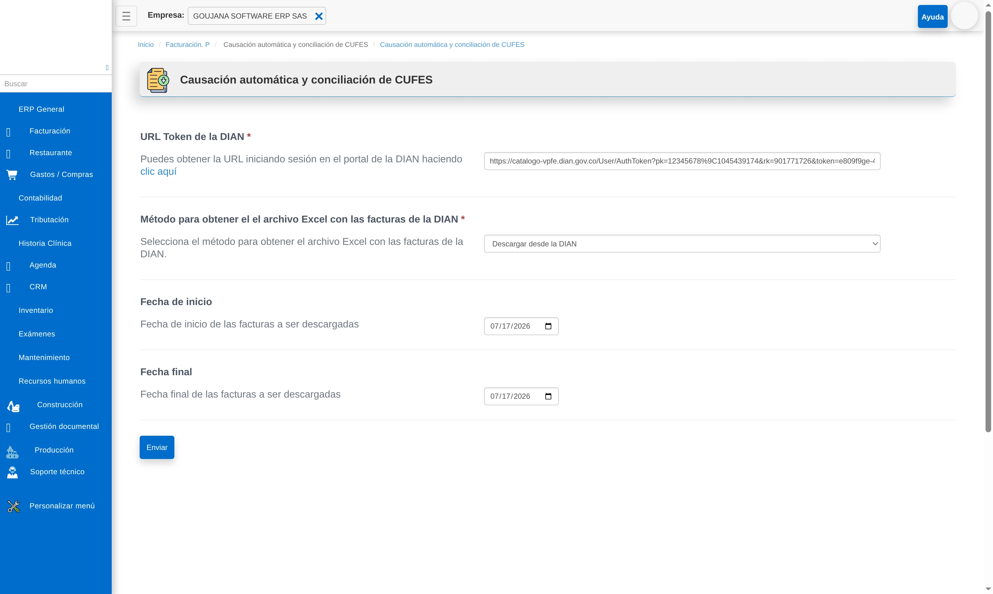 Formulario de causación automática con el link de sesión DIAN, el método de descarga y el rango de fechas