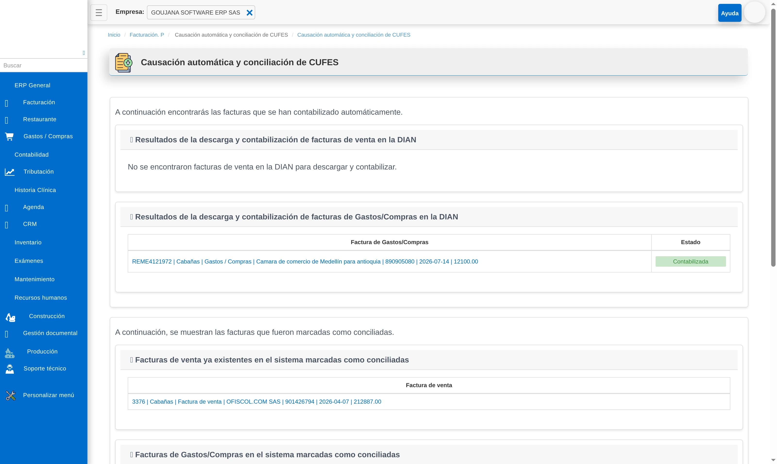 Resultado final de la causación automática: factura de gastos/compras contabilizada con link al documento creado