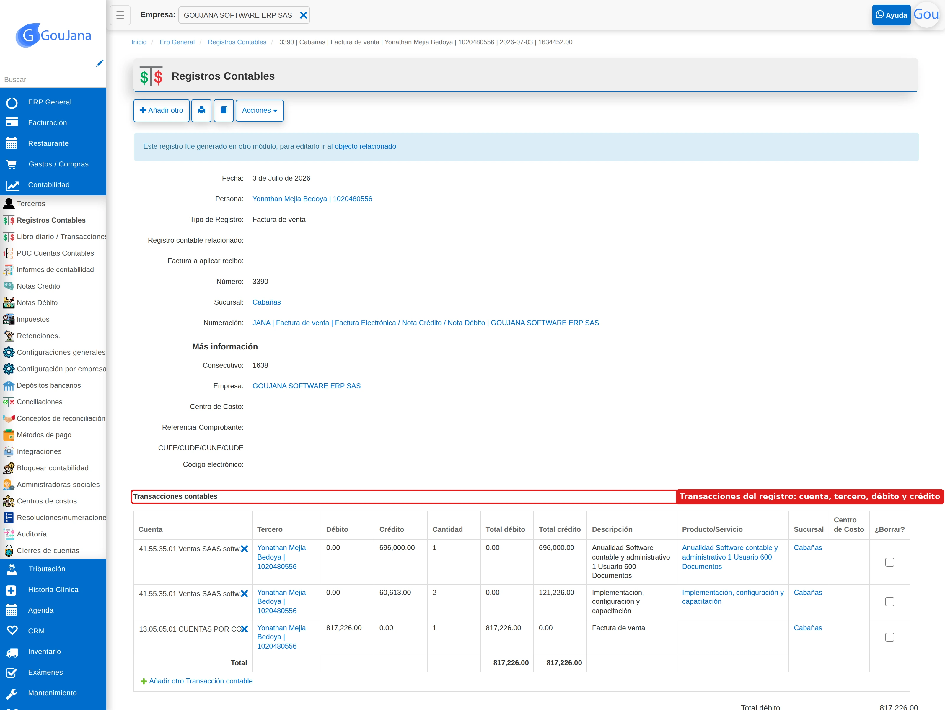 Detalle de un registro contable con sus transacciones por cuenta