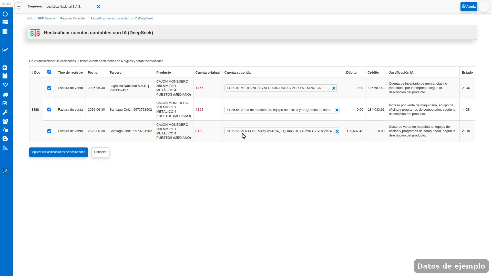 Previsualización de reclasificación de cuentas contables con cuenta original, cuenta sugerida y justificación de la IA