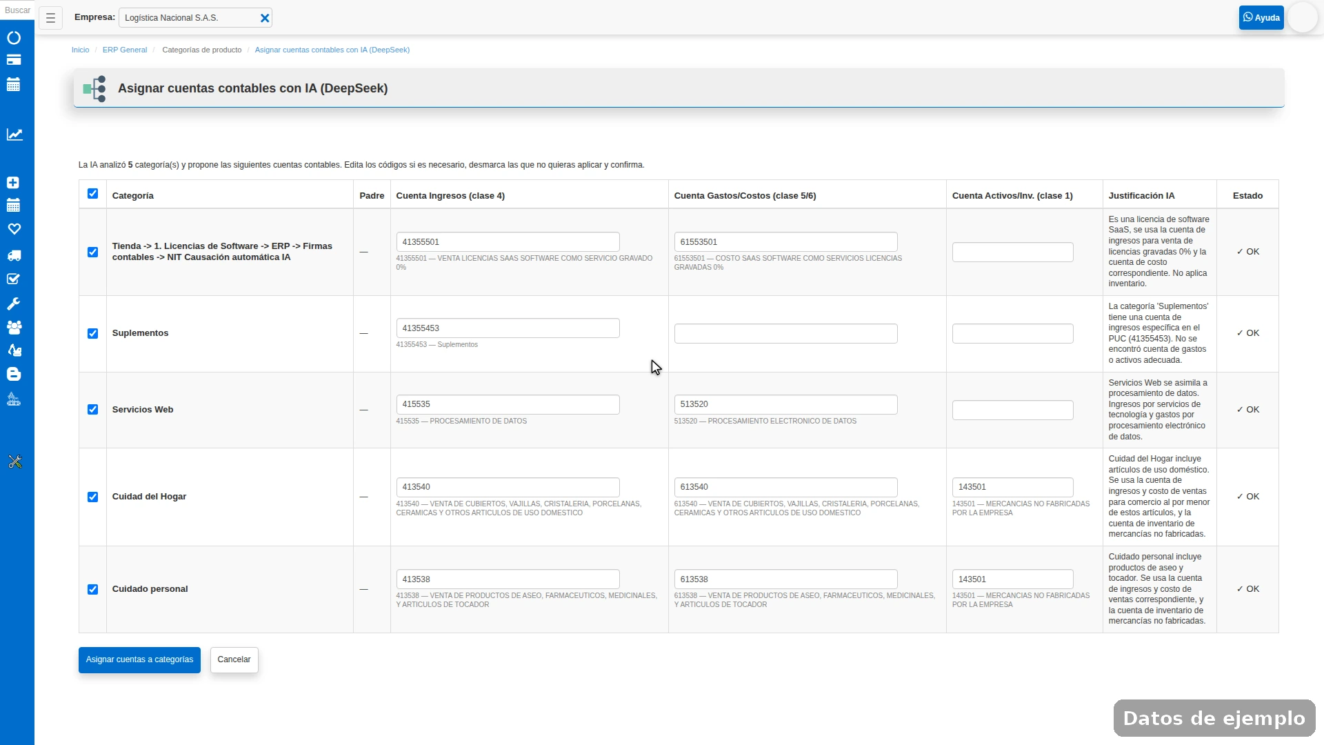 Tabla de previsualización con la cuenta de ingresos, la de gastos y la de activos sugeridas por la IA para cada categoría