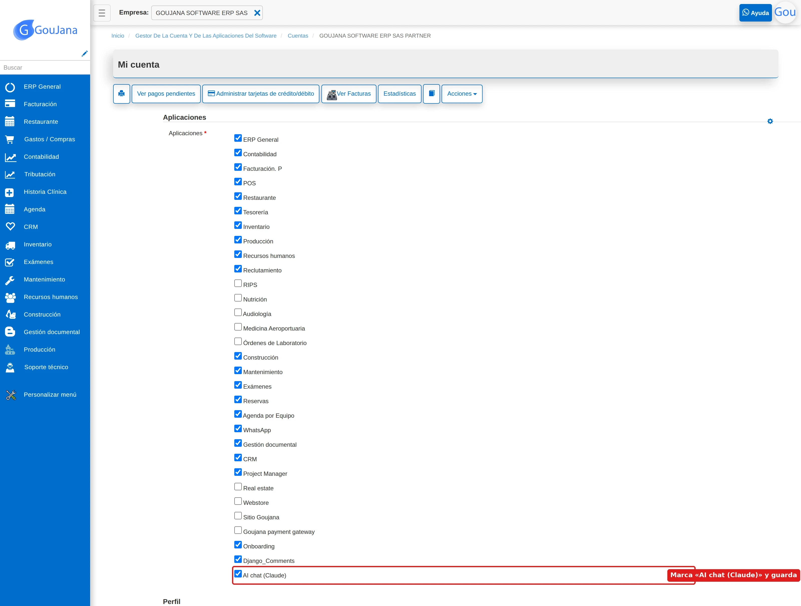 Checklist de aplicaciones de la cuenta con «AI chat (Claude)» marcado al final de la lista