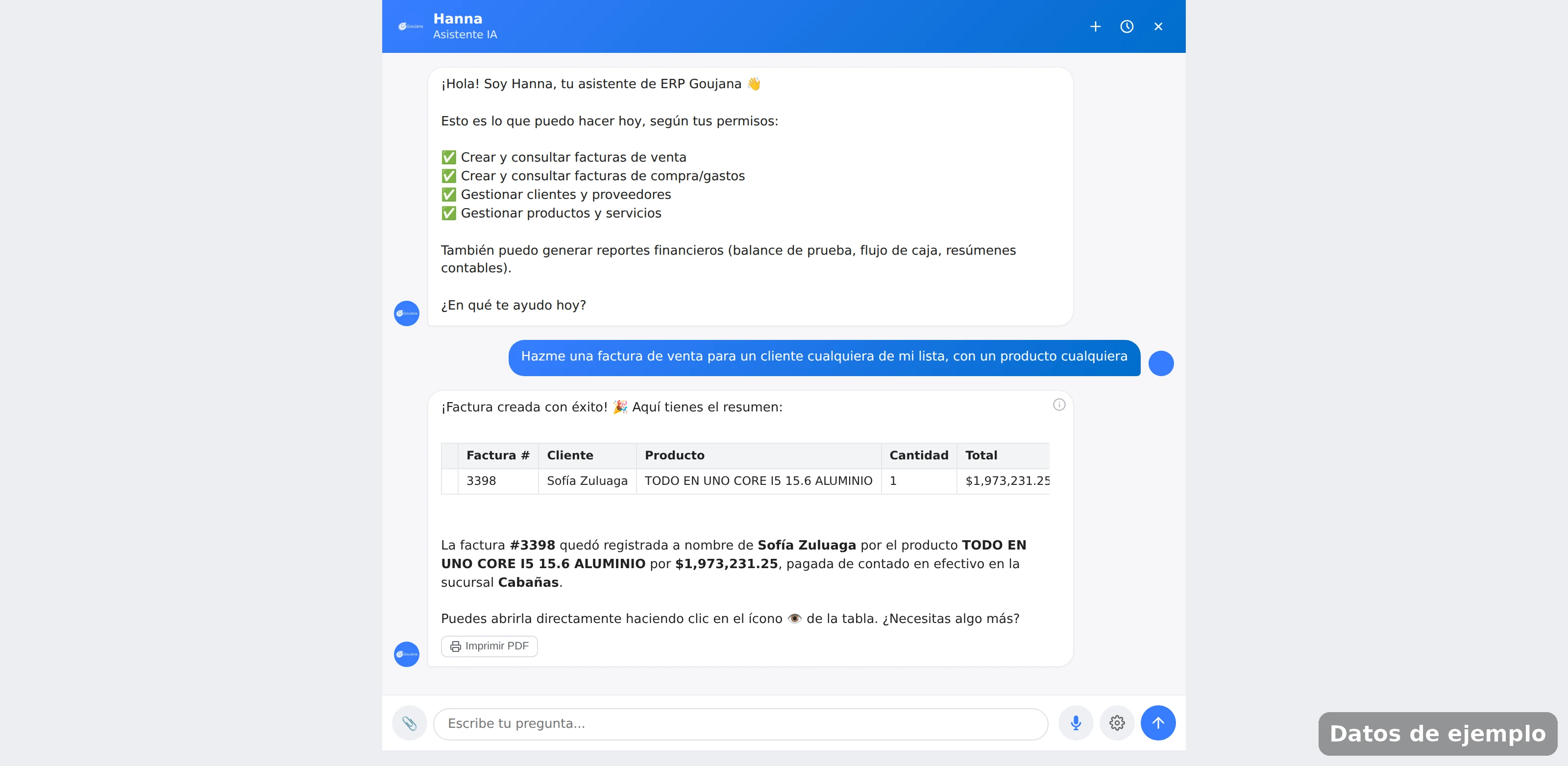 Hanna confirmando la creación de una factura de venta con el enlace directo para abrirla