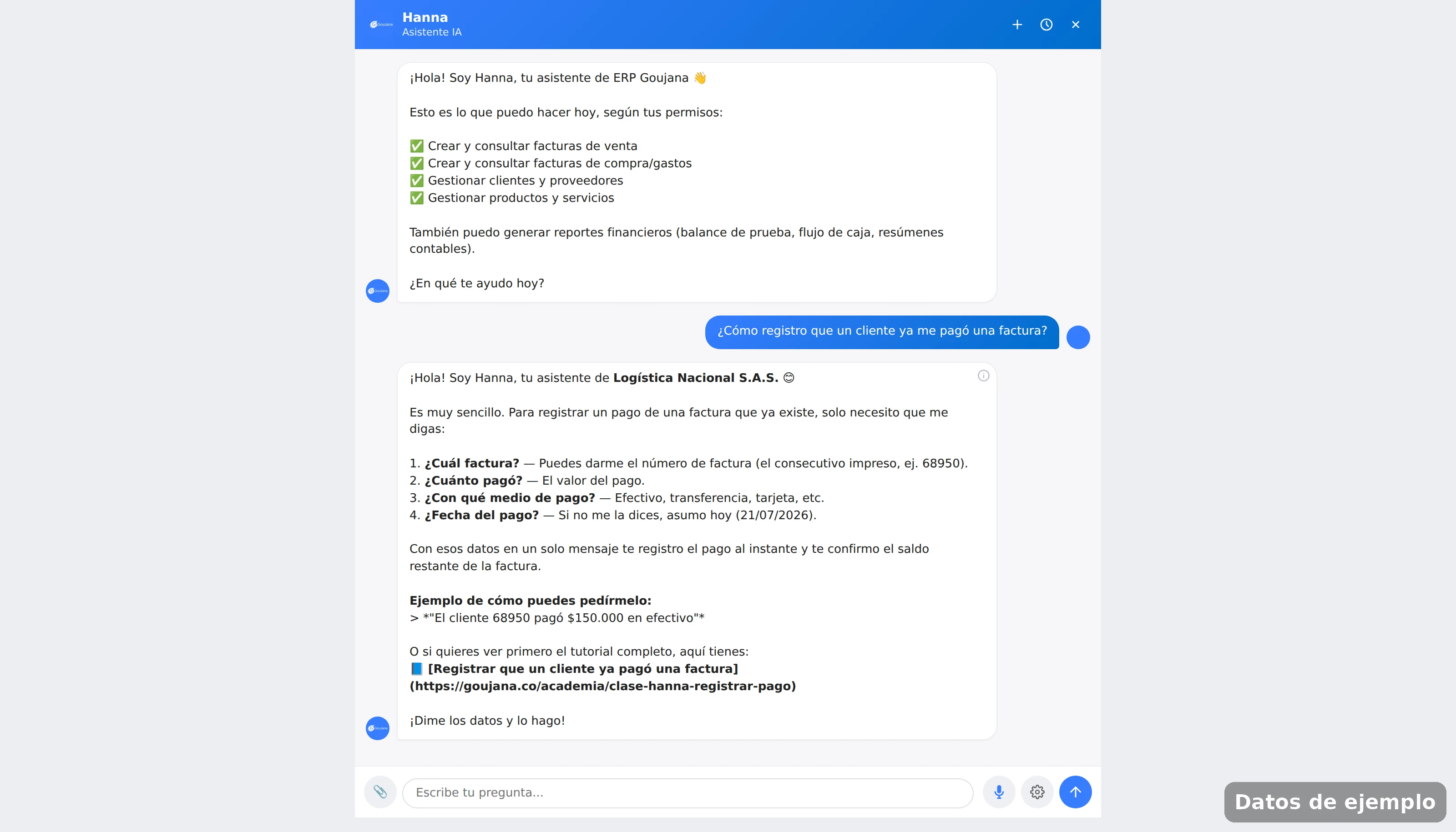 Hanna explicando las dos formas de registrar un pago: hacerlo ella misma o seguir el tutorial paso a paso