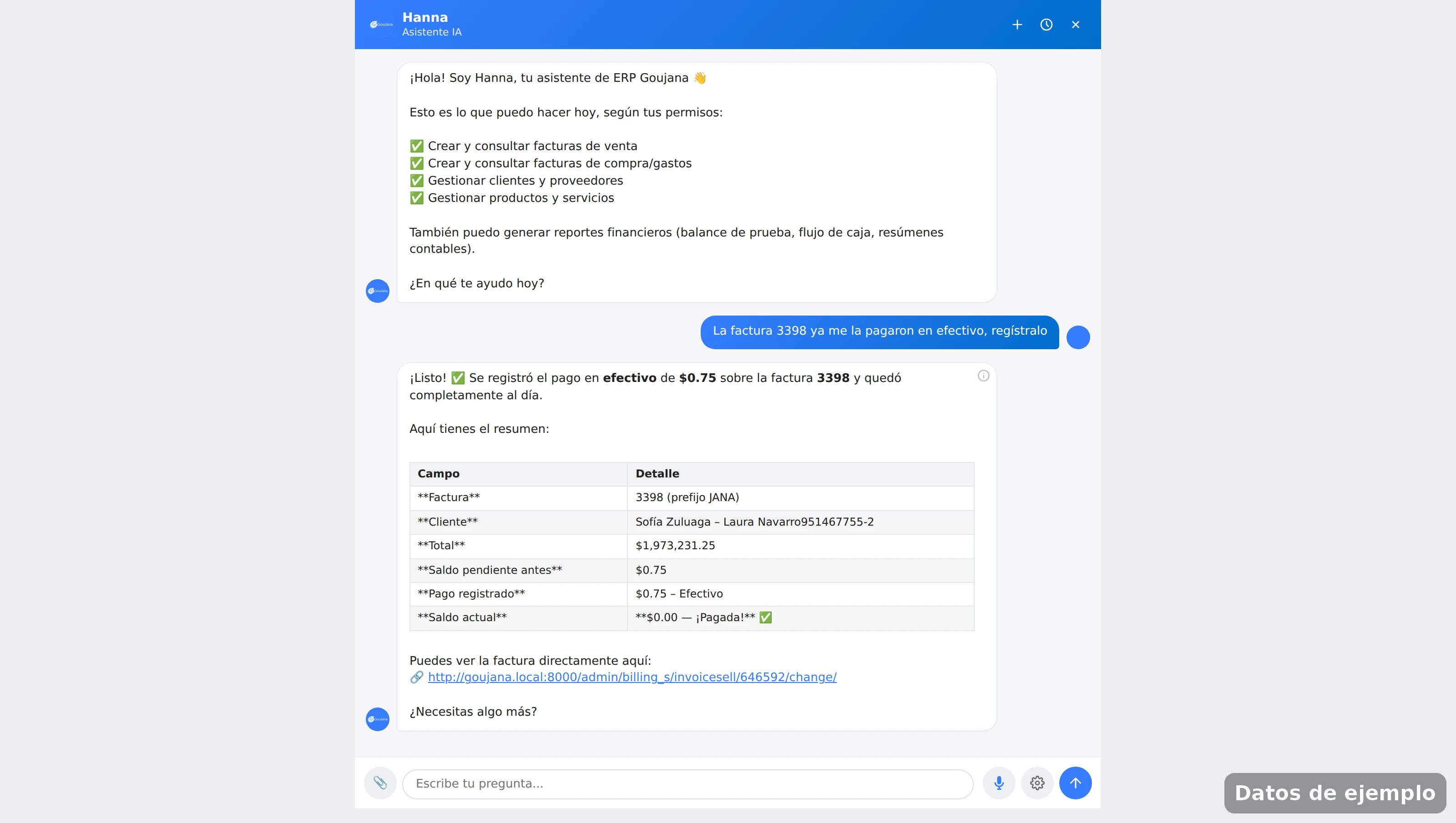 Conversación con Hanna confirmando el registro de un pago y el saldo en cero de la factura