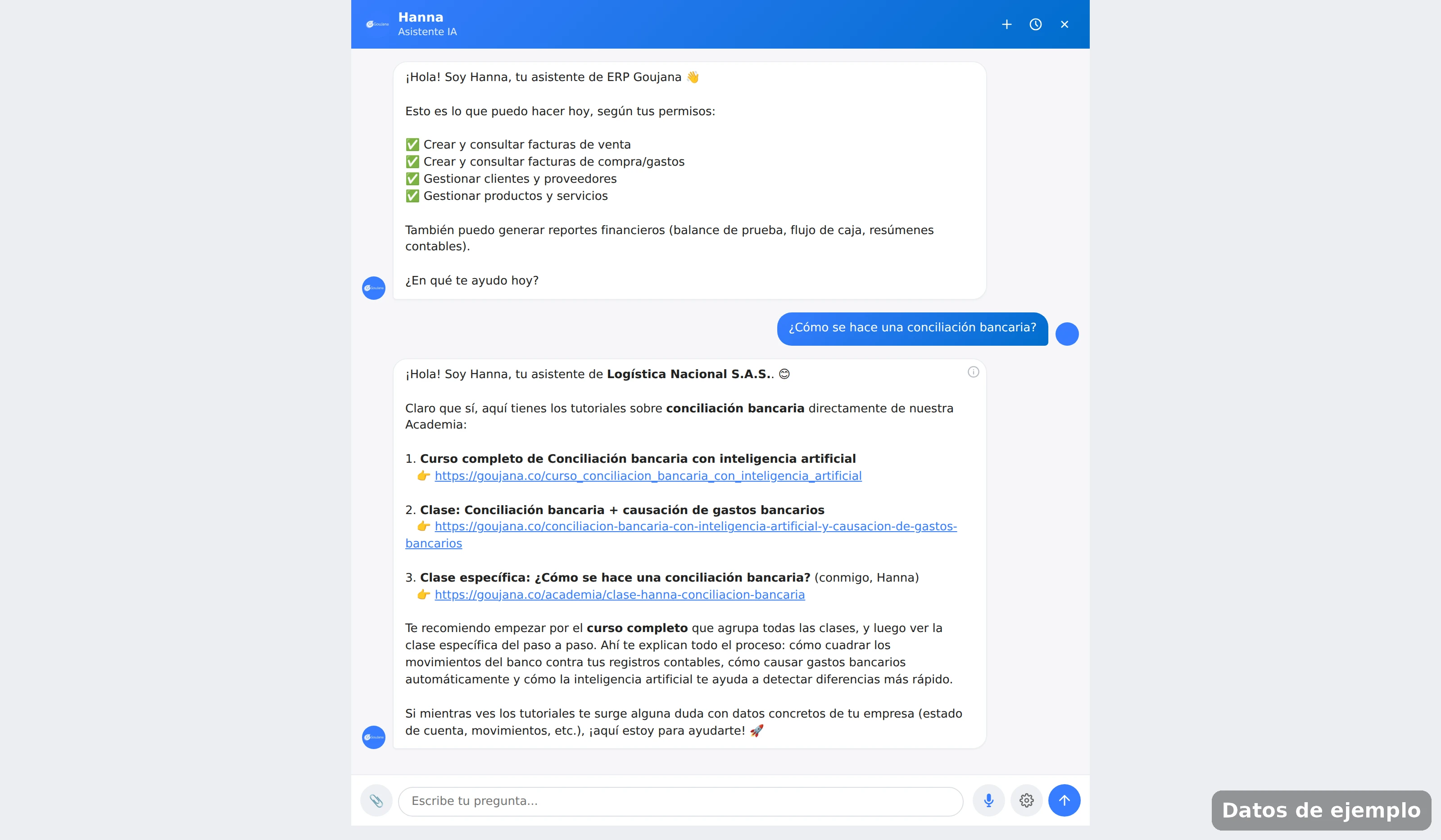 Conversación con Hanna enlazando el curso y la clase de la Academia sobre conciliación bancaria