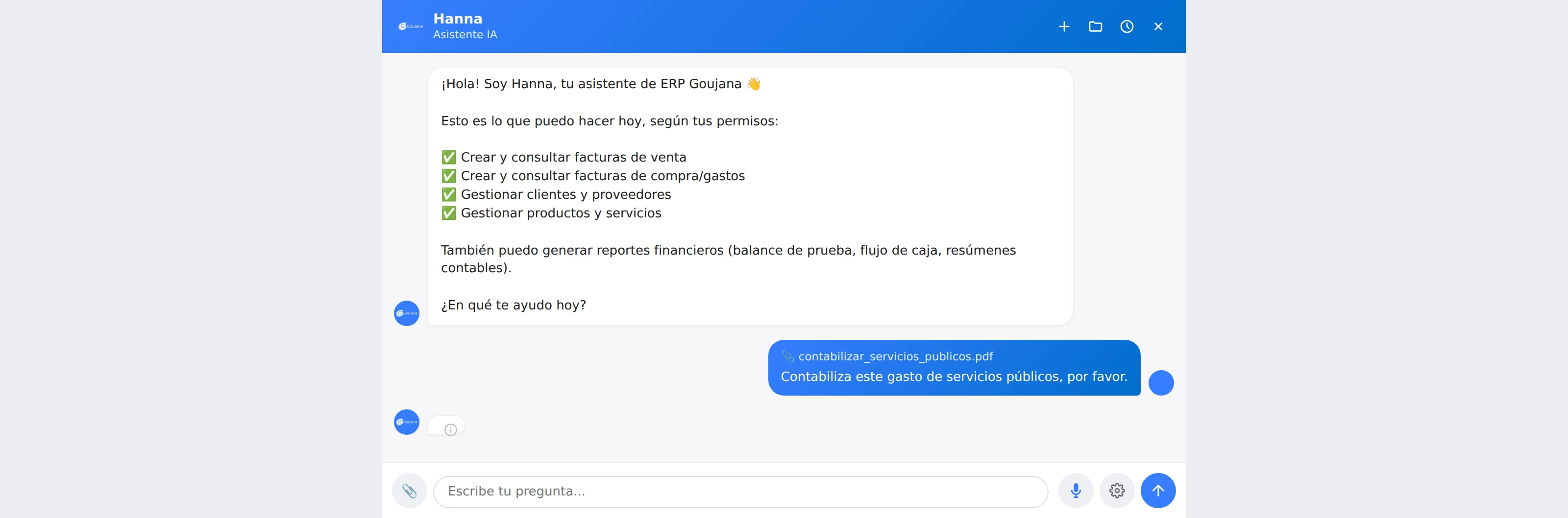 Chip de archivo adjunto con la factura de servicios públicos y la pregunta escrita a Hanna