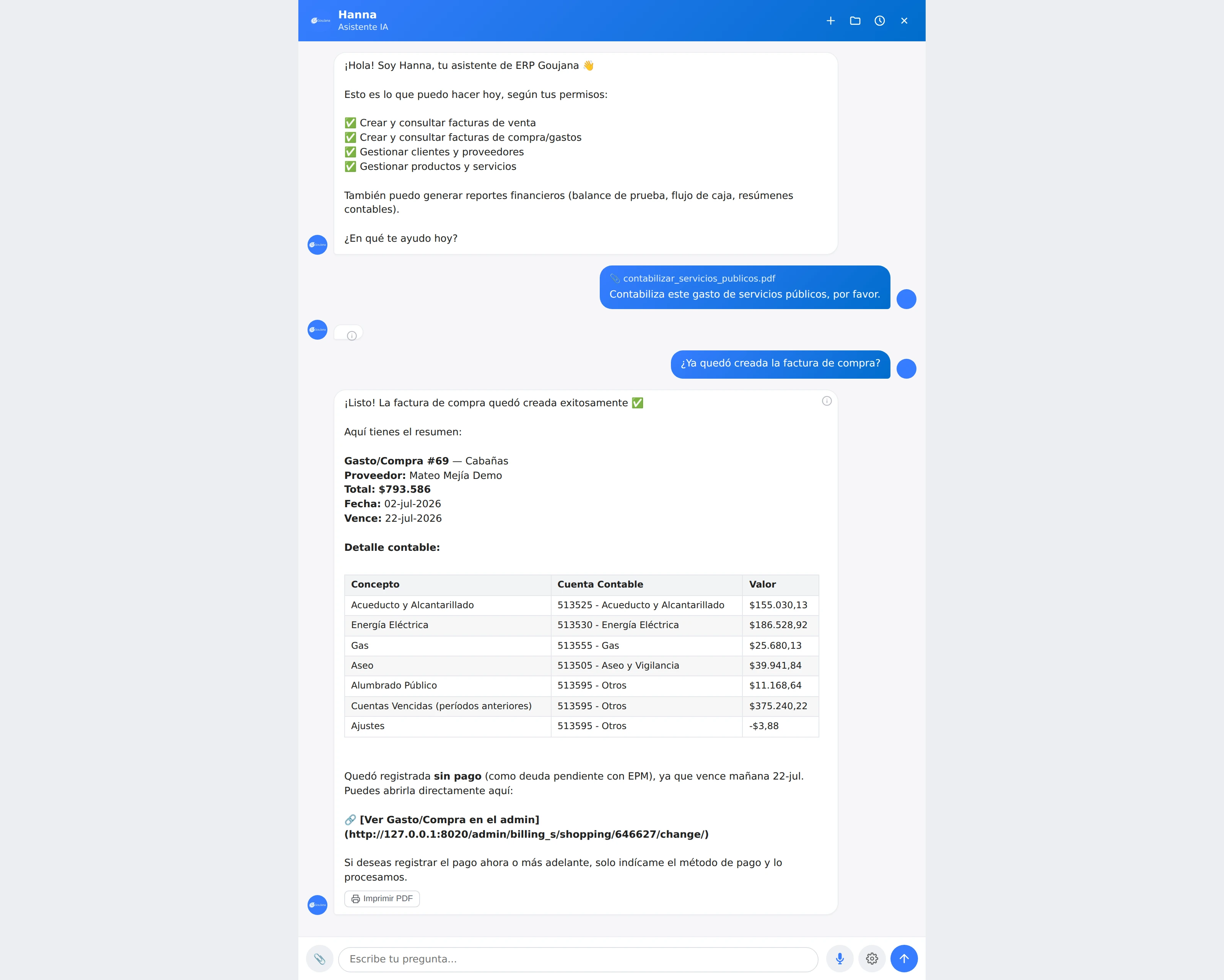 Conversación con Hanna confirmando la creación de la factura de compra a partir de un PDF adjunto
