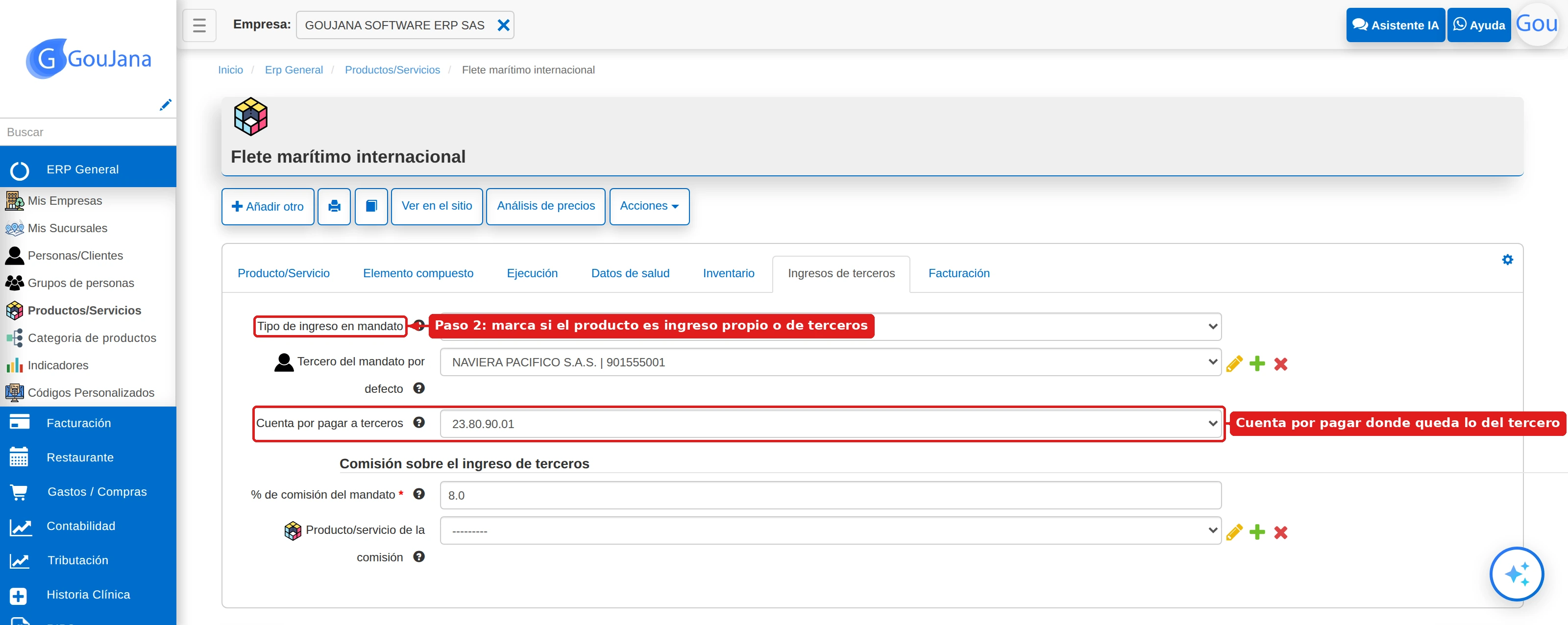 Pestaña Ingresos de terceros de un producto, con el tipo de ingreso, el tercero por defecto y la cuenta por pagar