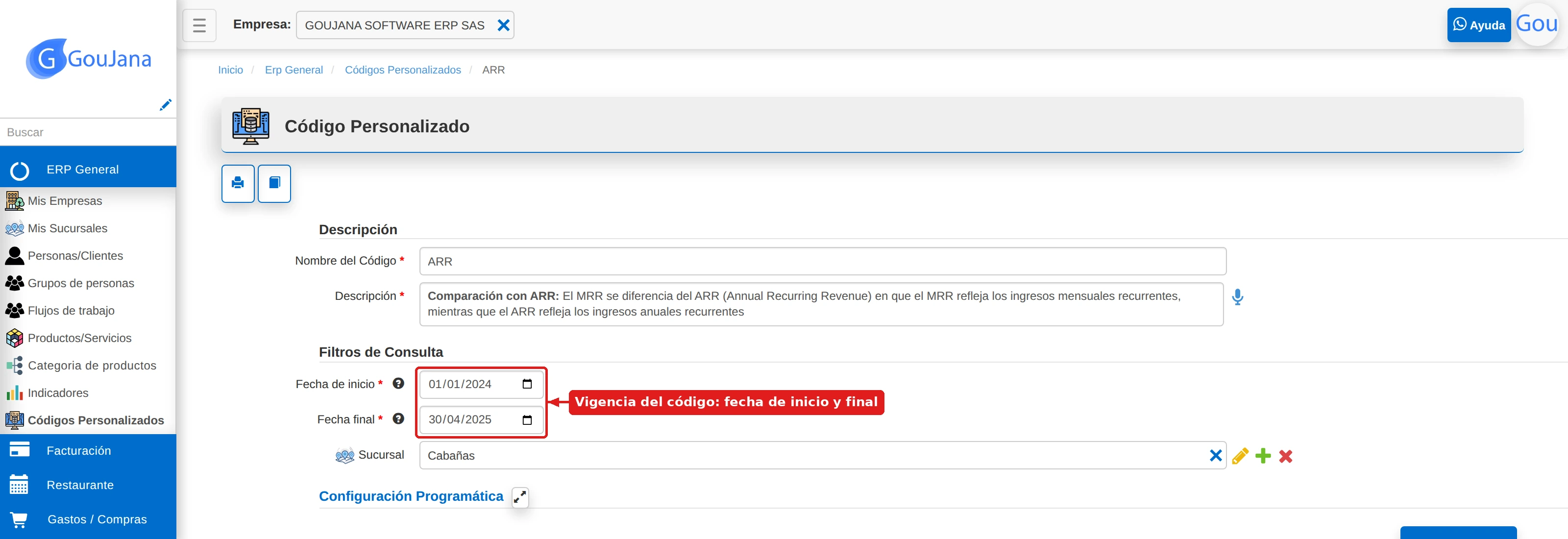 Formulario de un código personalizado con sus fechas de vigencia