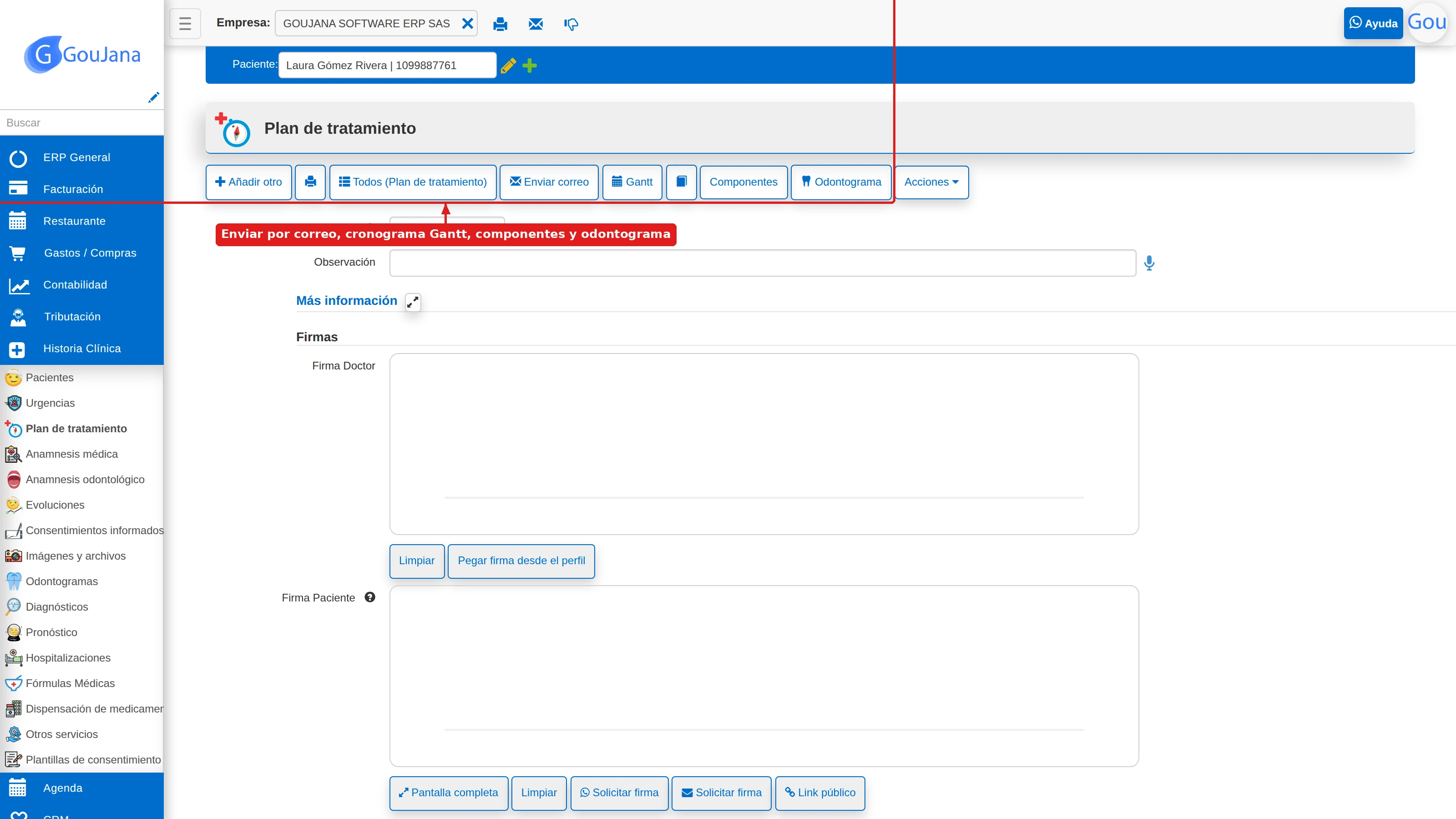 Barra de herramientas del plan con enviar correo, Gantt, componentes y odontograma