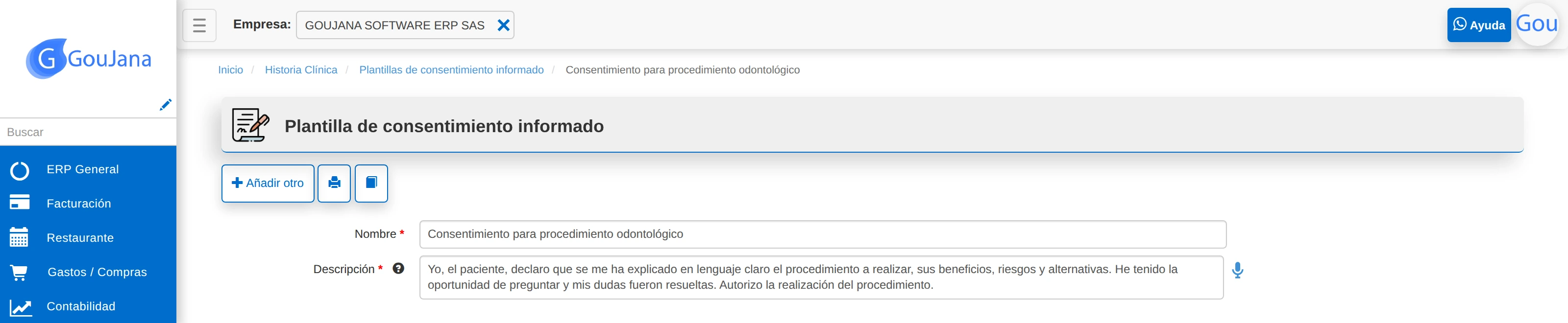 Editor de una plantilla de consentimiento informado con nombre y descripción