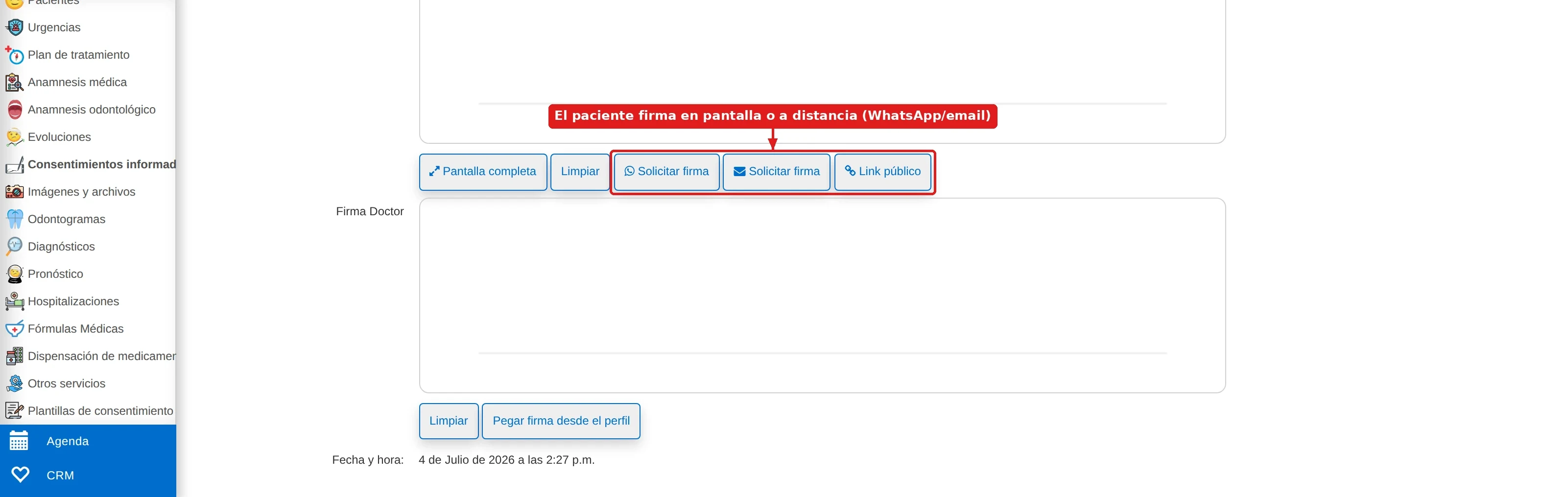 Firma del paciente en el consentimiento con opciones de firma por WhatsApp, email o link