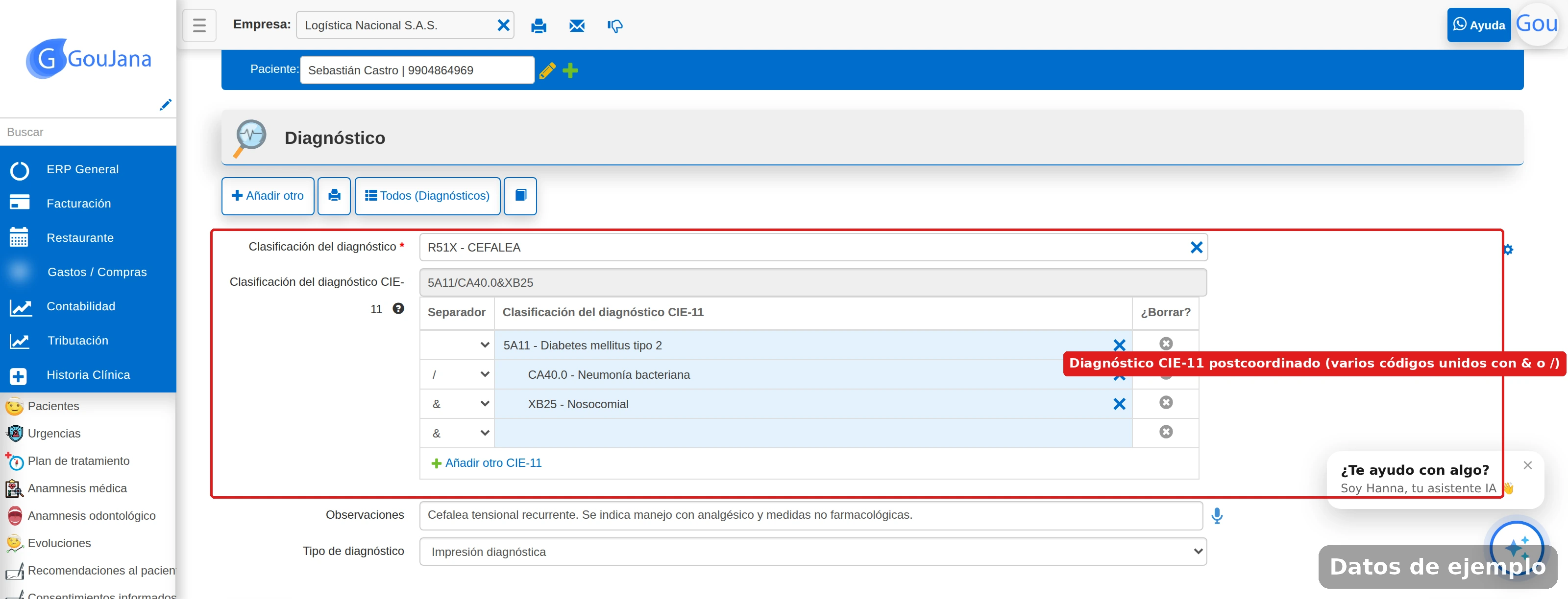 Formulario del diagnóstico con las filas del CIE-11 postcoordinado: código principal, separador y código adicional