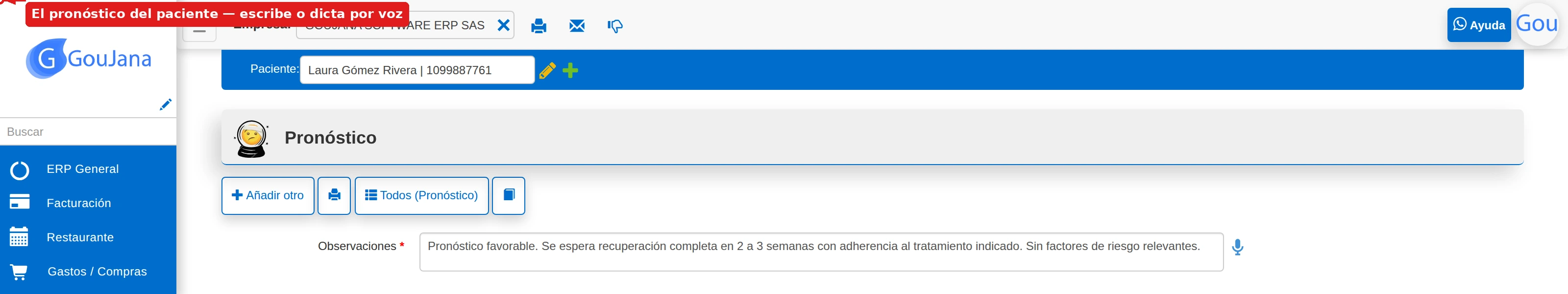 Formulario del pronóstico con la expectativa de evolución del paciente