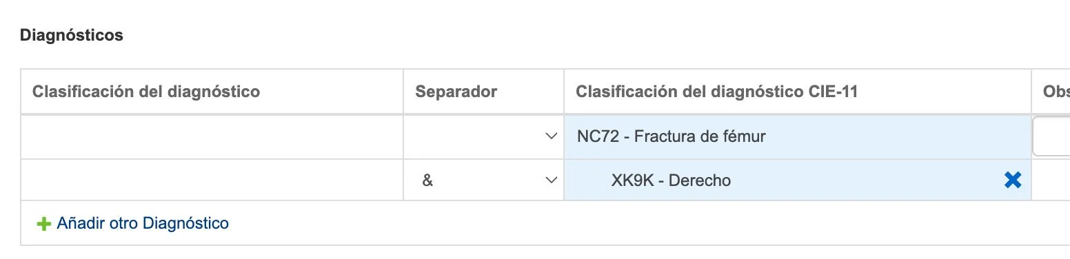 Diagnóstico CIE-11 con el código troncal NC72 Fractura de fémur y la extensión XK9K Derecho unida con el separador &