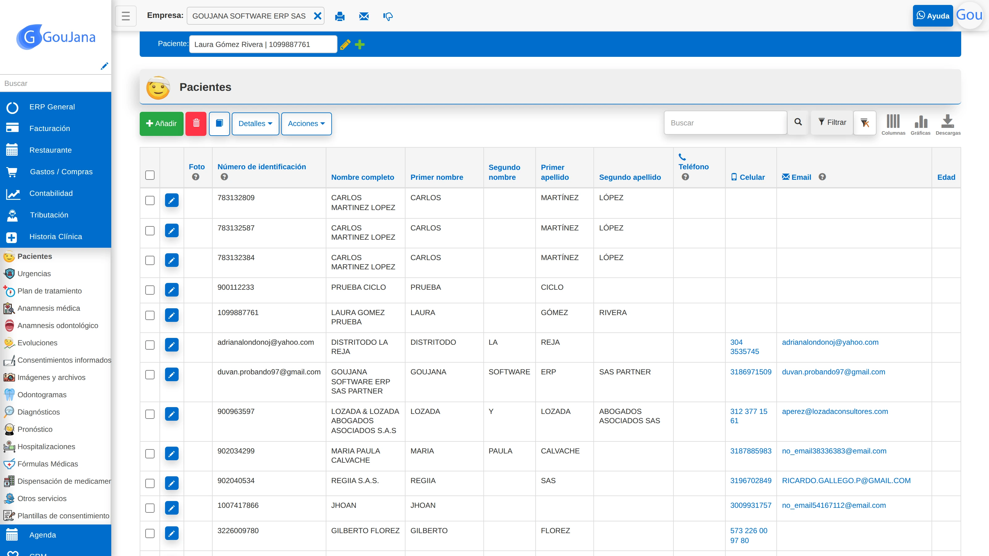 Listado de pacientes con nombre, identificación y datos de contacto