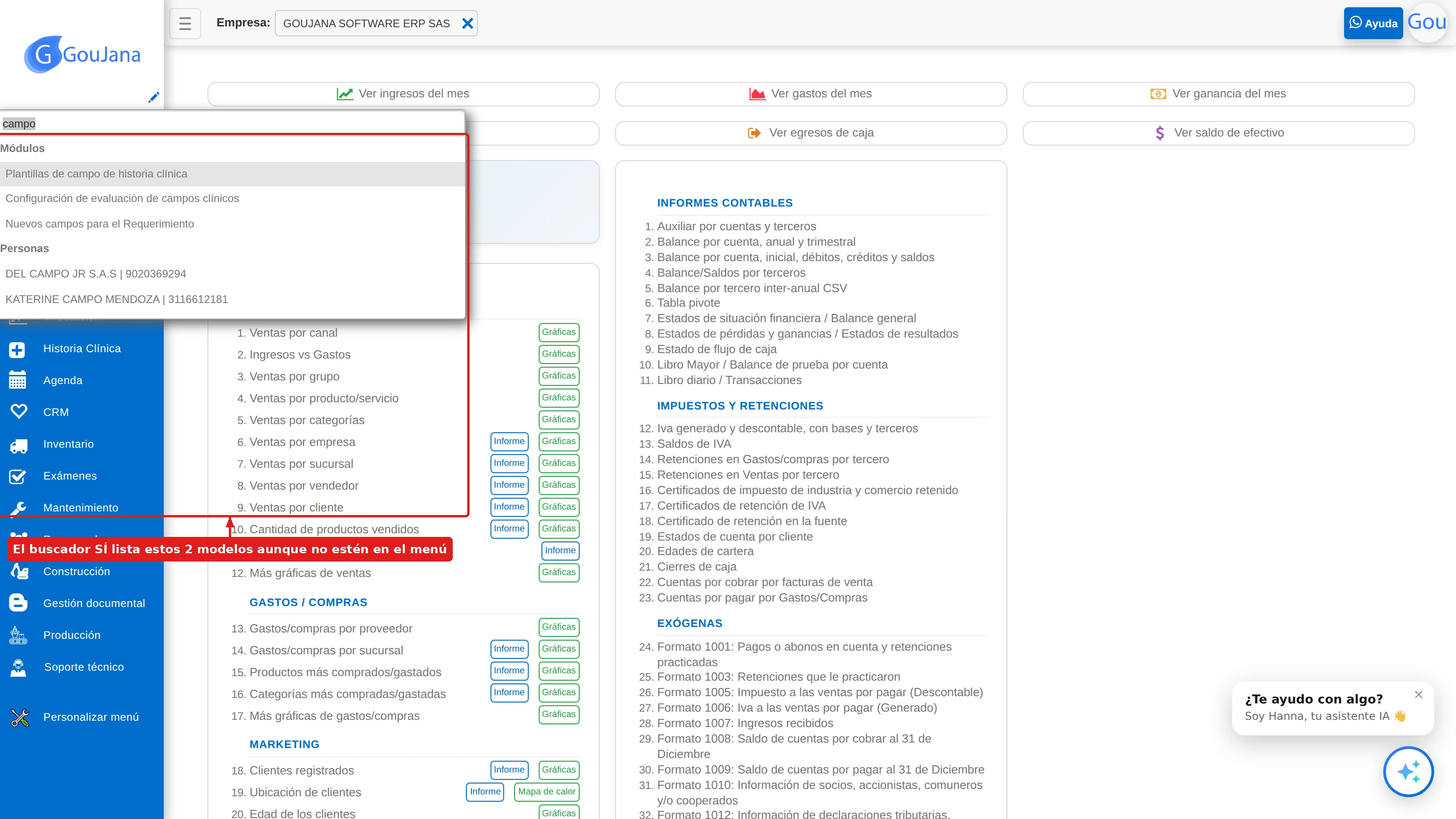 Caja de búsqueda del menú listando los módulos de plantillas y configuración de campos clínicos