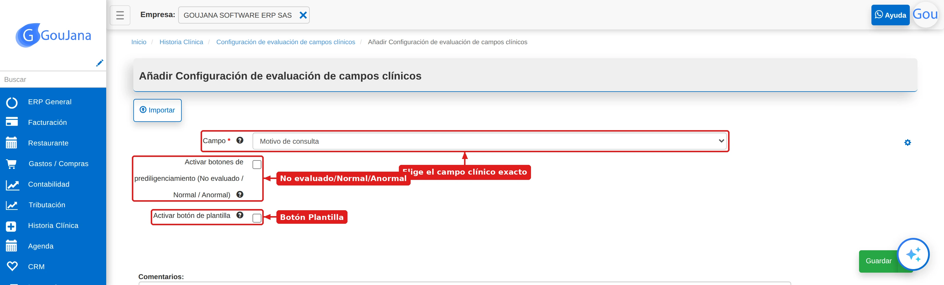 Formulario de configuración de evaluación de campos clínicos con los 2 interruptores independientes