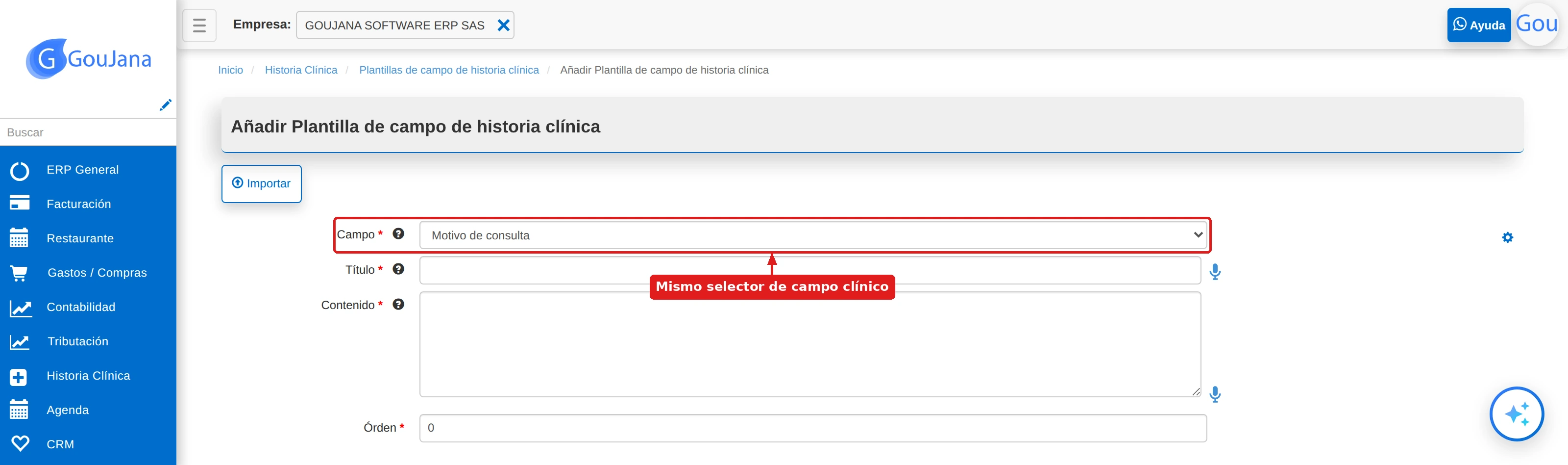 Formulario para crear una plantilla de campo de historia clínica, con el selector de campo clínico