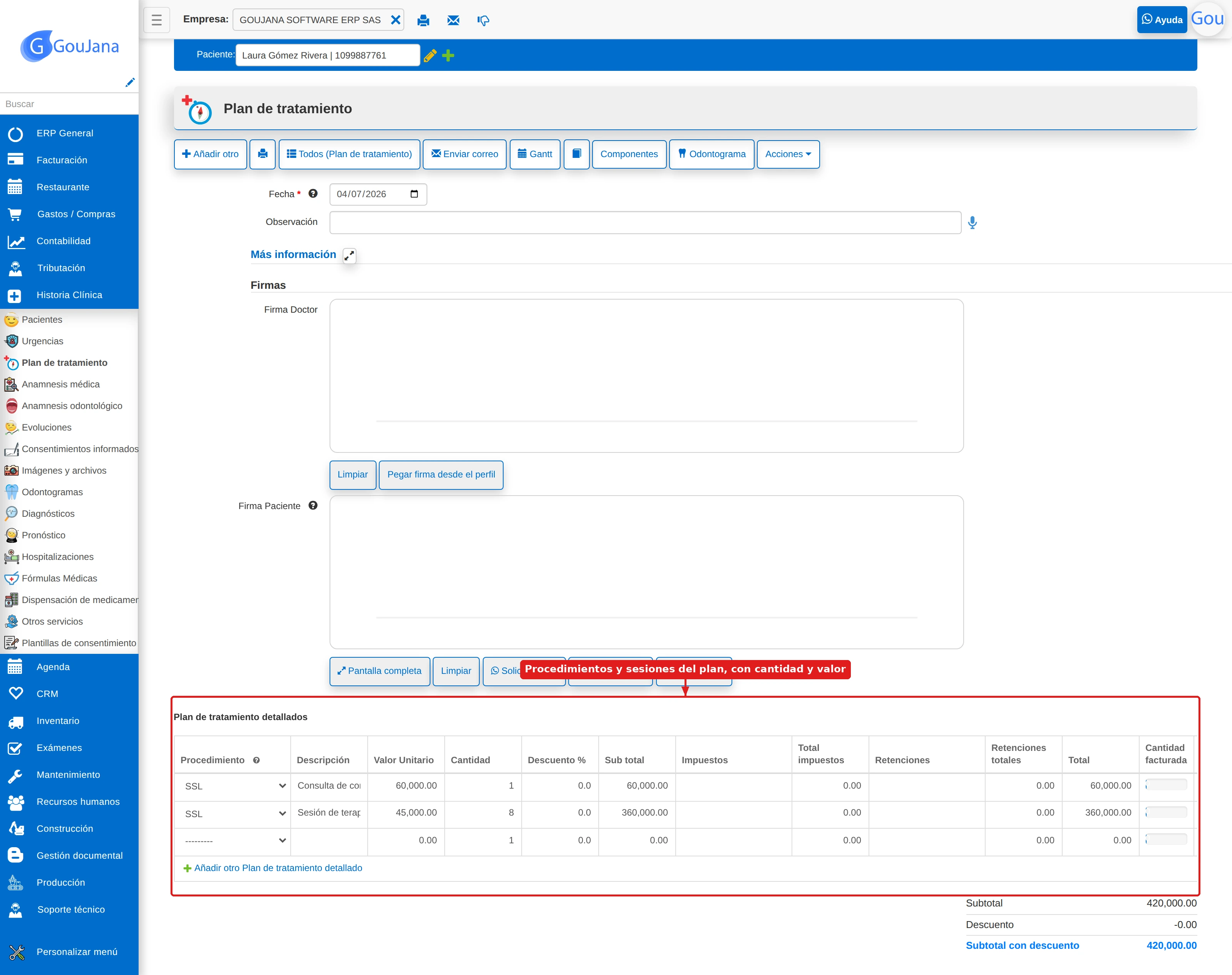 Detalle del plan de tratamiento con procedimientos, cantidad, valor y total