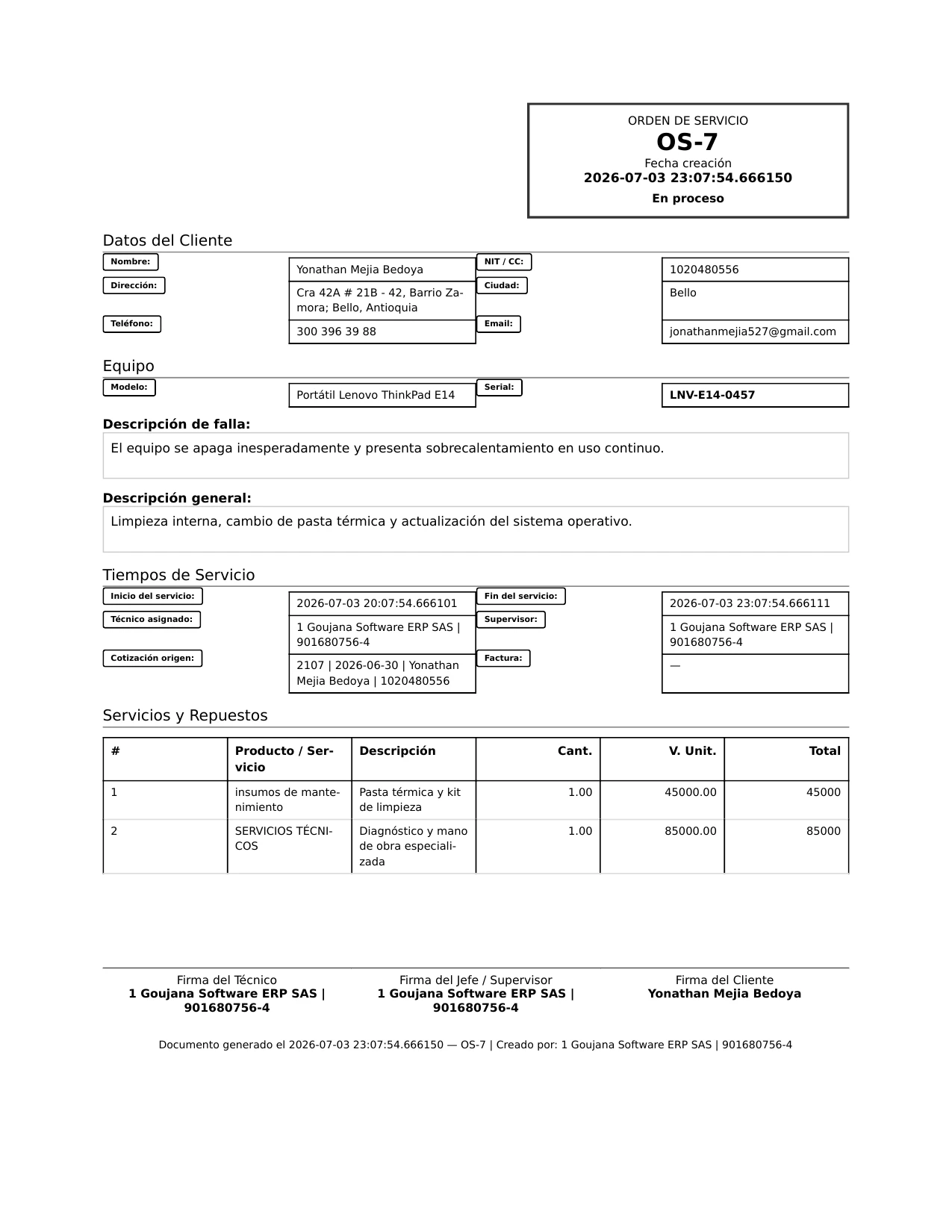 PDF de la orden de servicio OS-7 con datos del cliente, equipo, servicios y firmas