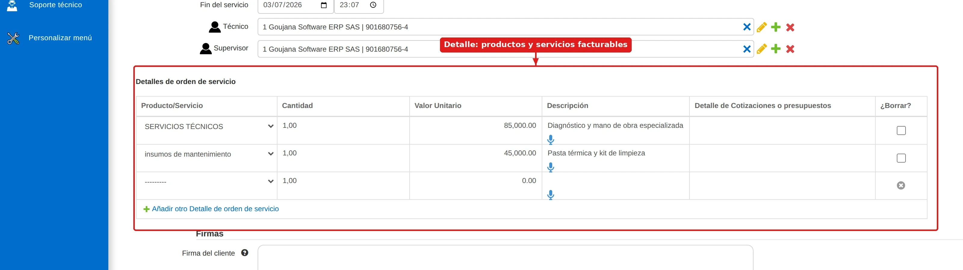 Detalle de la orden de servicio con las líneas de productos y servicios facturables