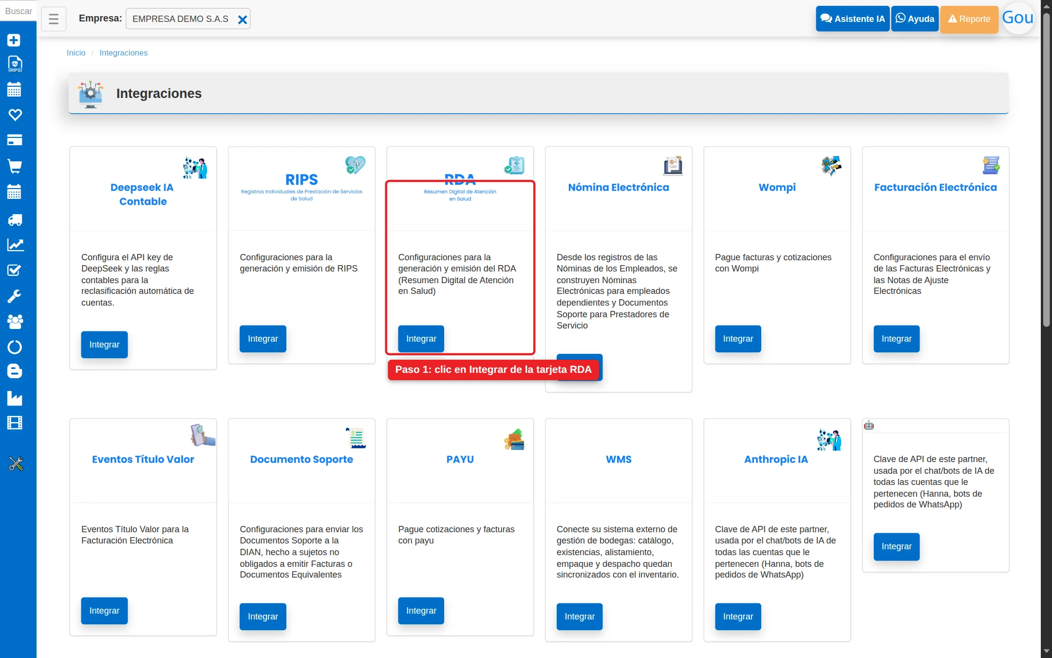 Pantalla de Integraciones con la tarjeta RDA