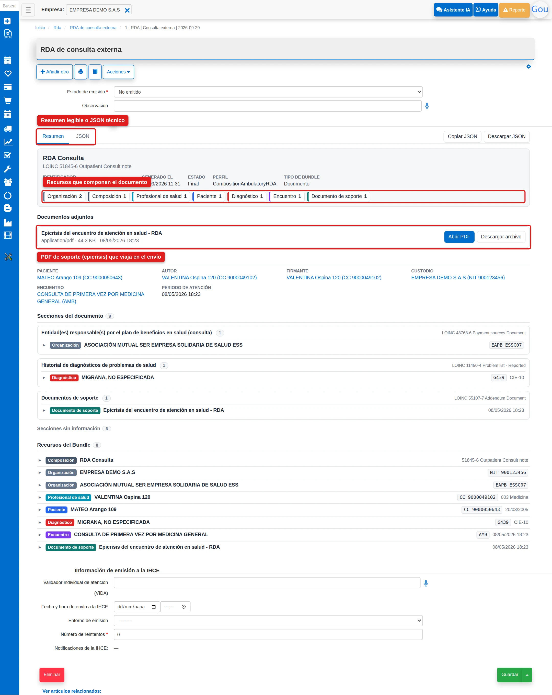 Visor del RDA con el resumen legible del documento que se enviará a la IHCE