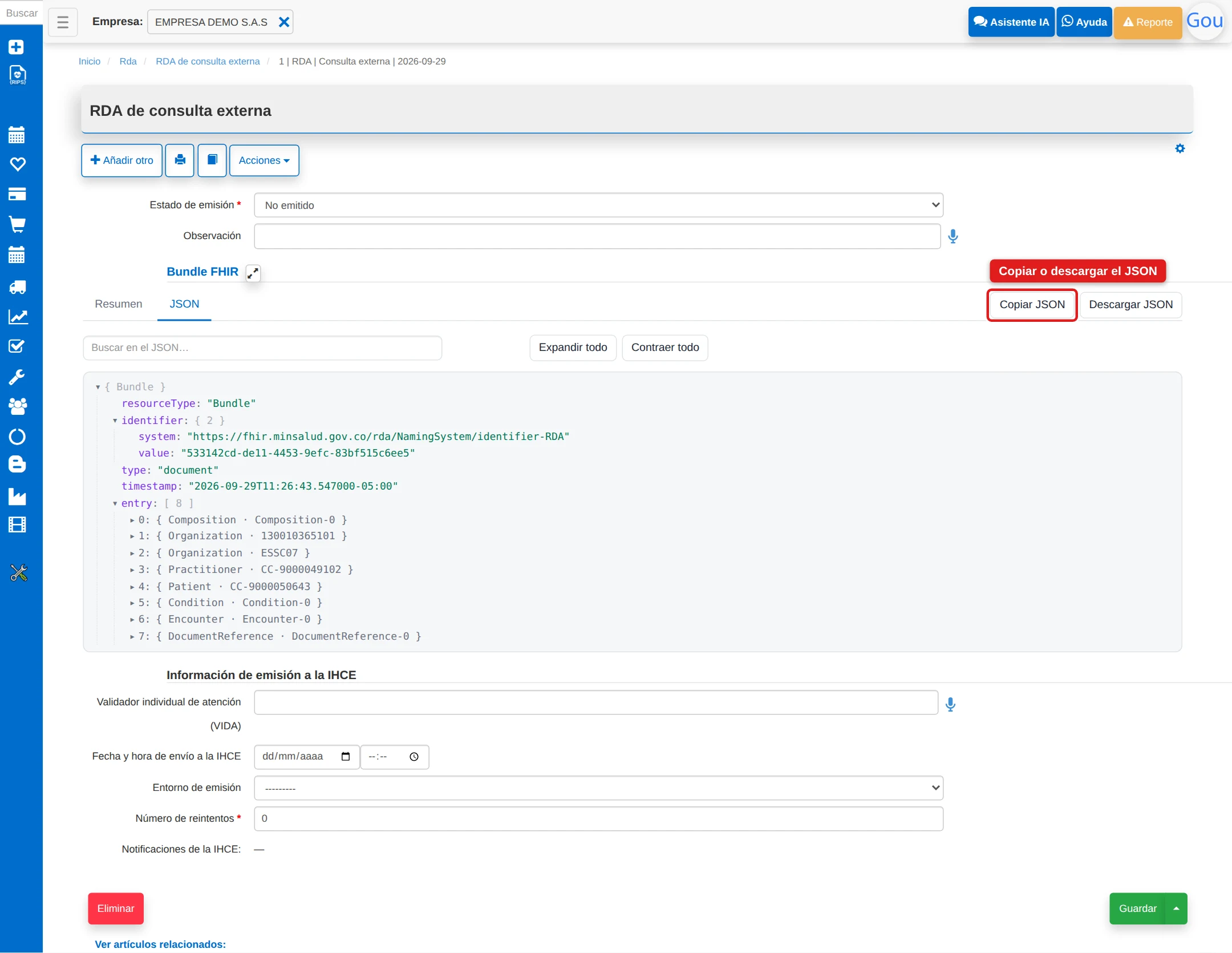 Detalle de un RDA con la pestaña JSON y el árbol del documento