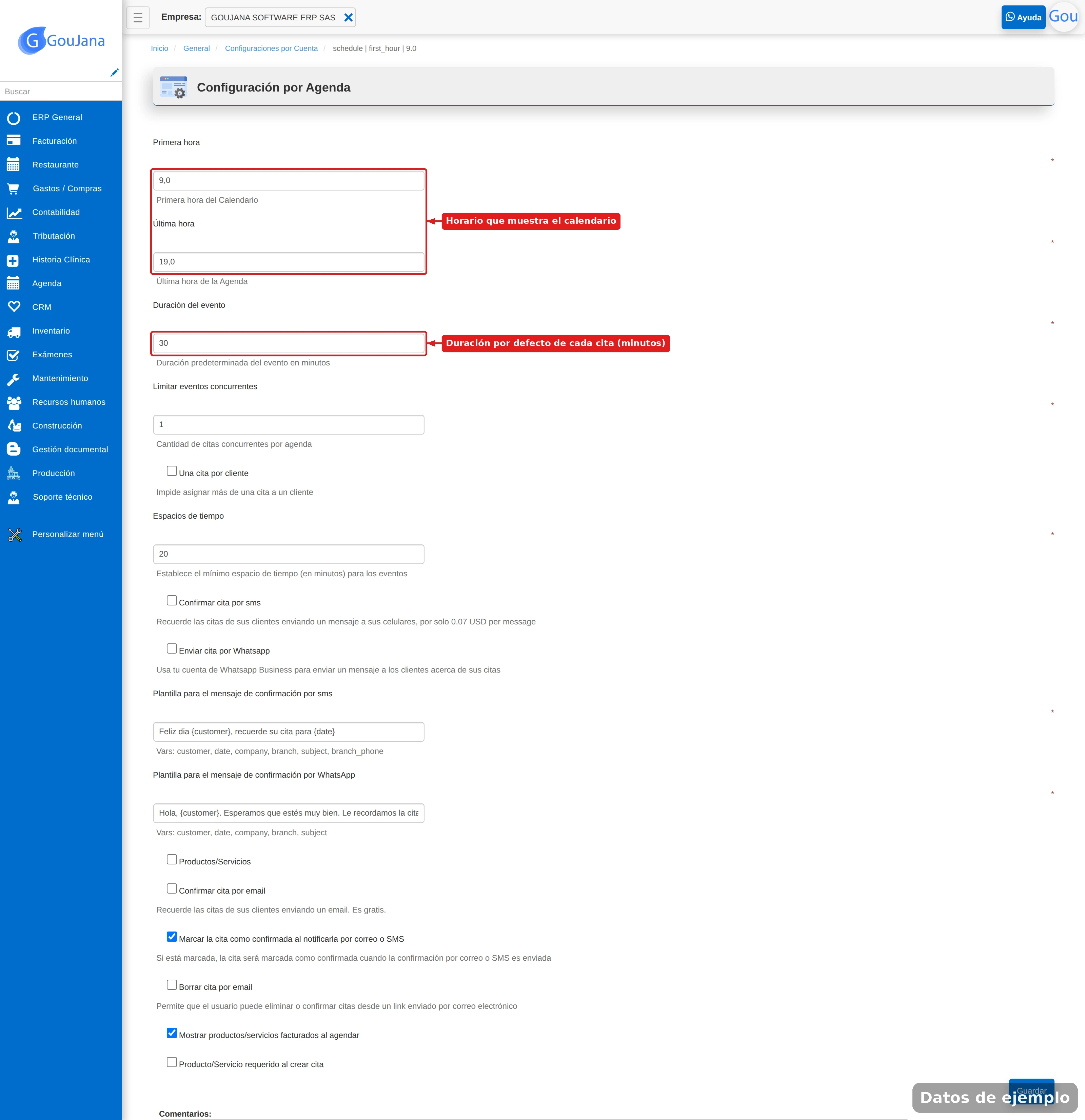 Configuración por Agenda con la primera y última hora del calendario y la duración del evento resaltadas