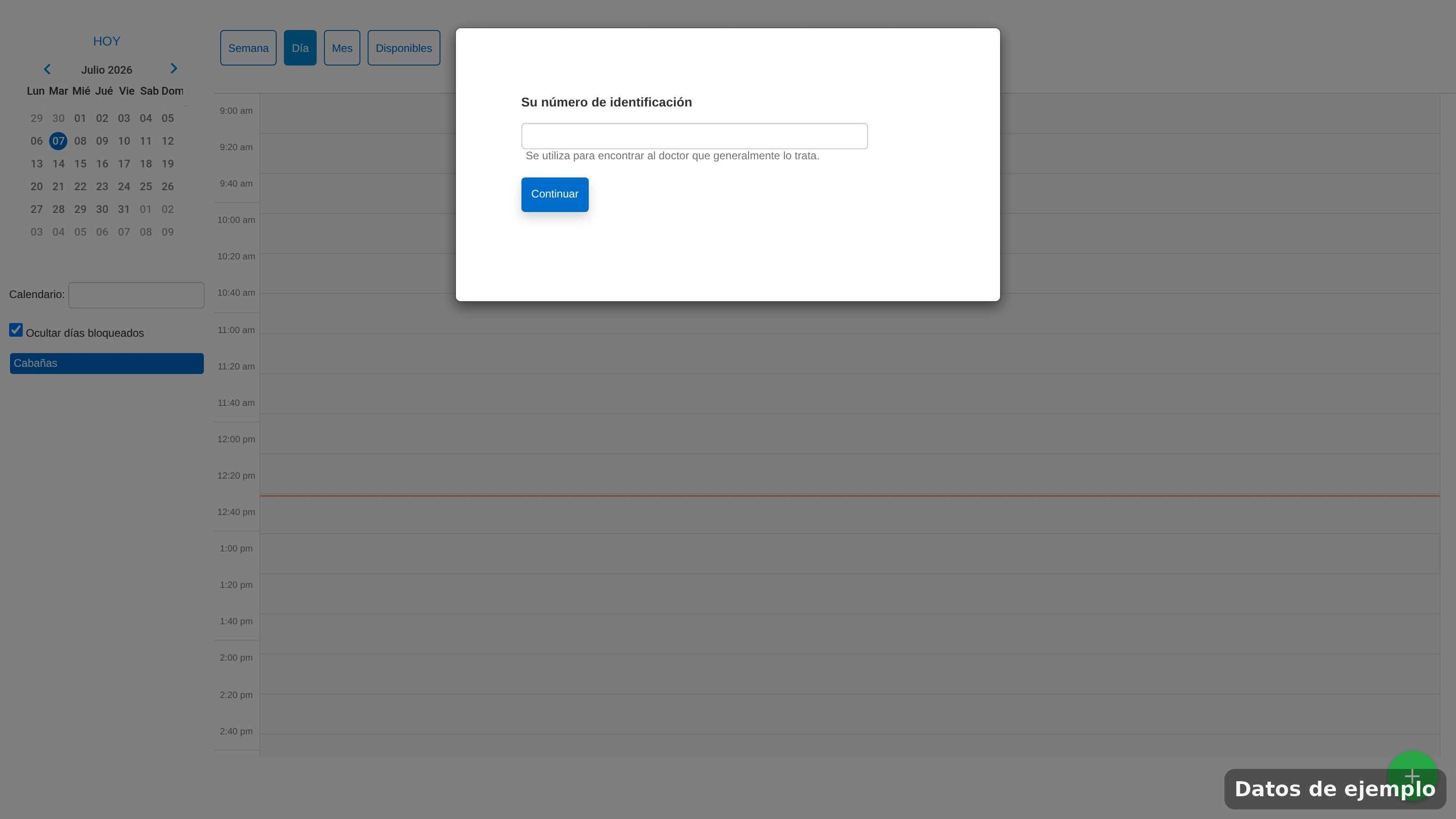 Calendario público donde el cliente escribe su identificación y elige un espacio disponible