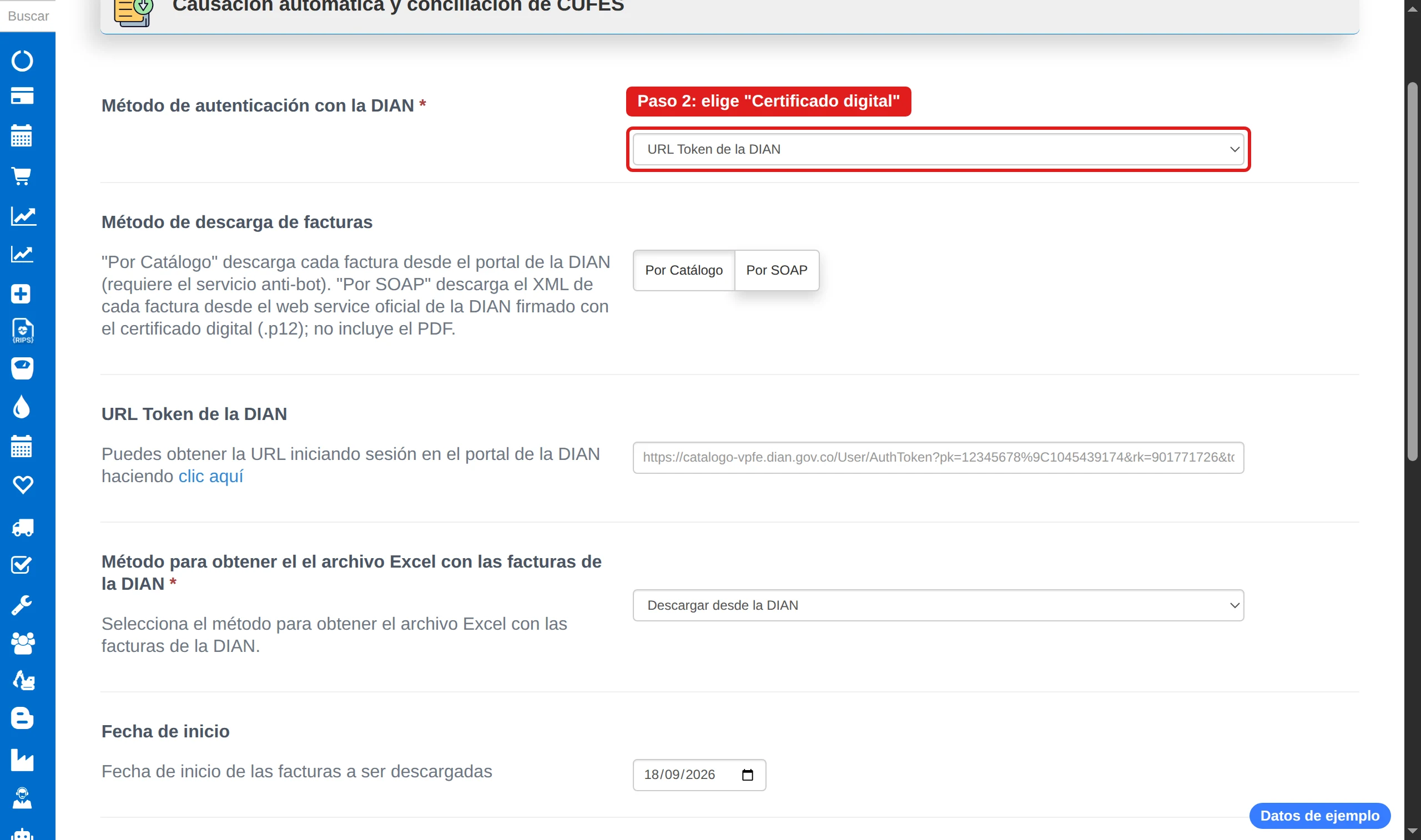 Selector del método de autenticación con la DIAN