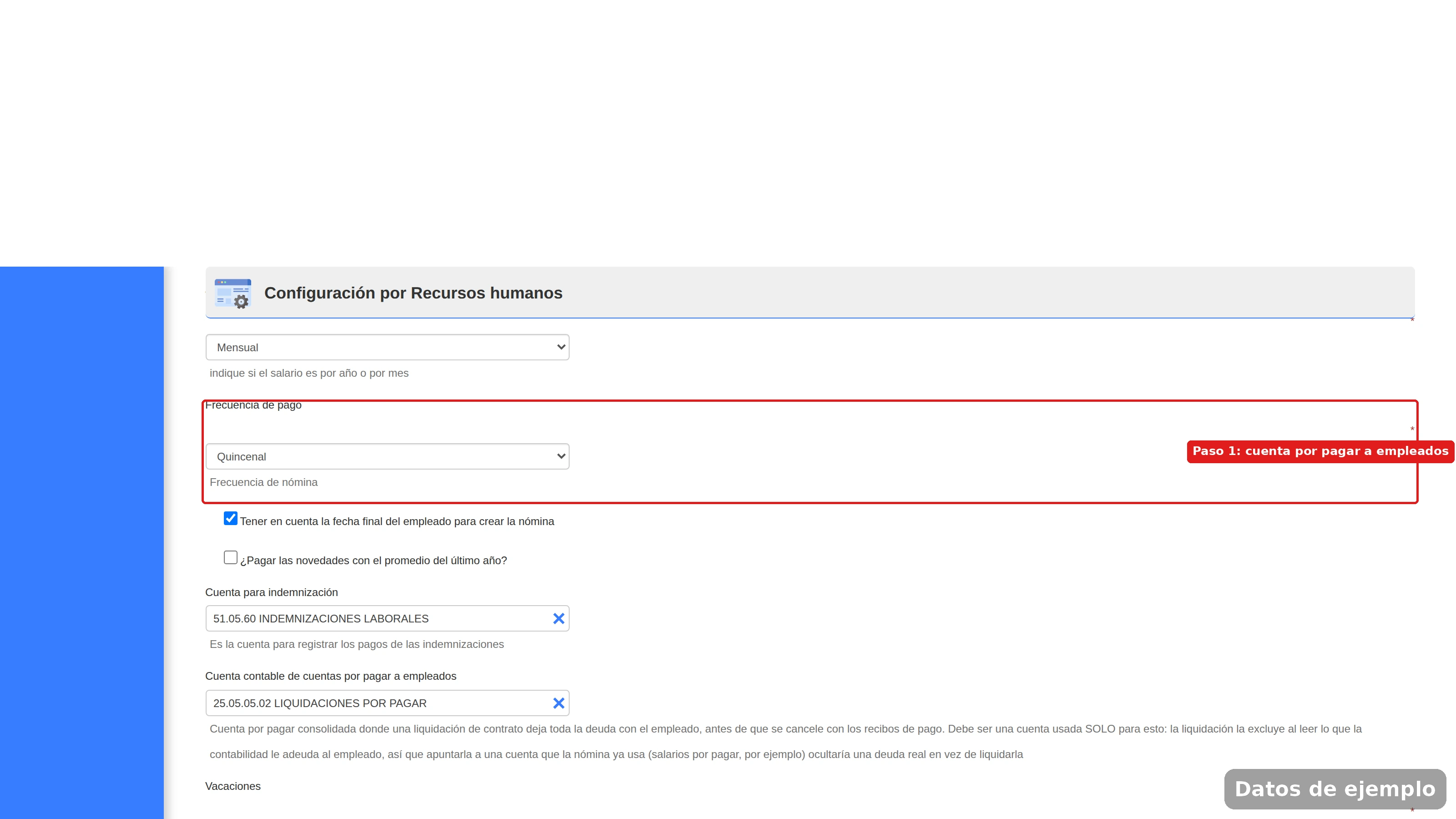 Campo Cuenta contable de cuentas por pagar a empleados en la configuración de Recursos Humanos