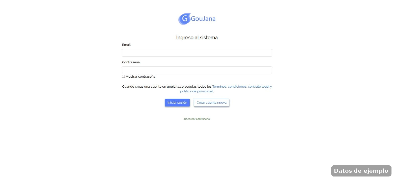 Pantalla de ingreso a GouJana con el enlace «Recordar contraseña» debajo del botón de iniciar sesión