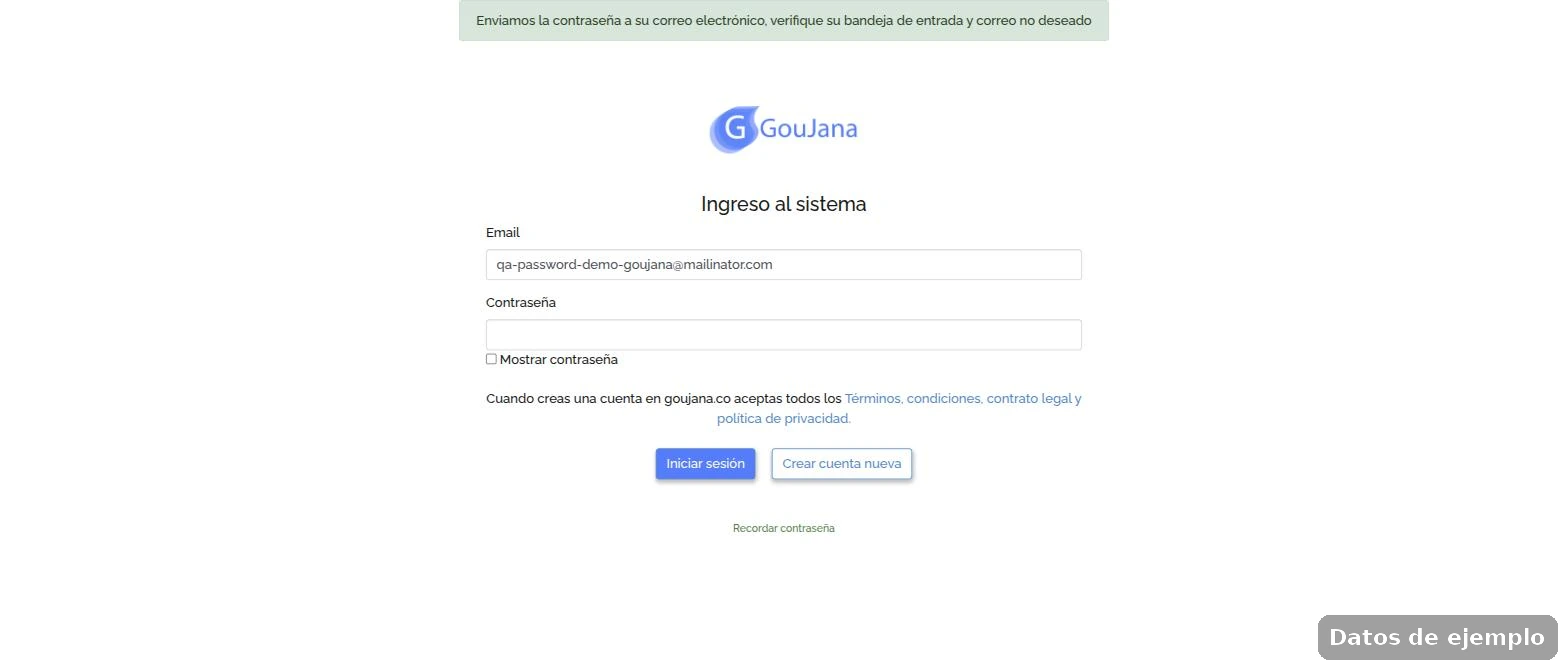 Mensaje de confirmación: se envió la contraseña al correo electrónico