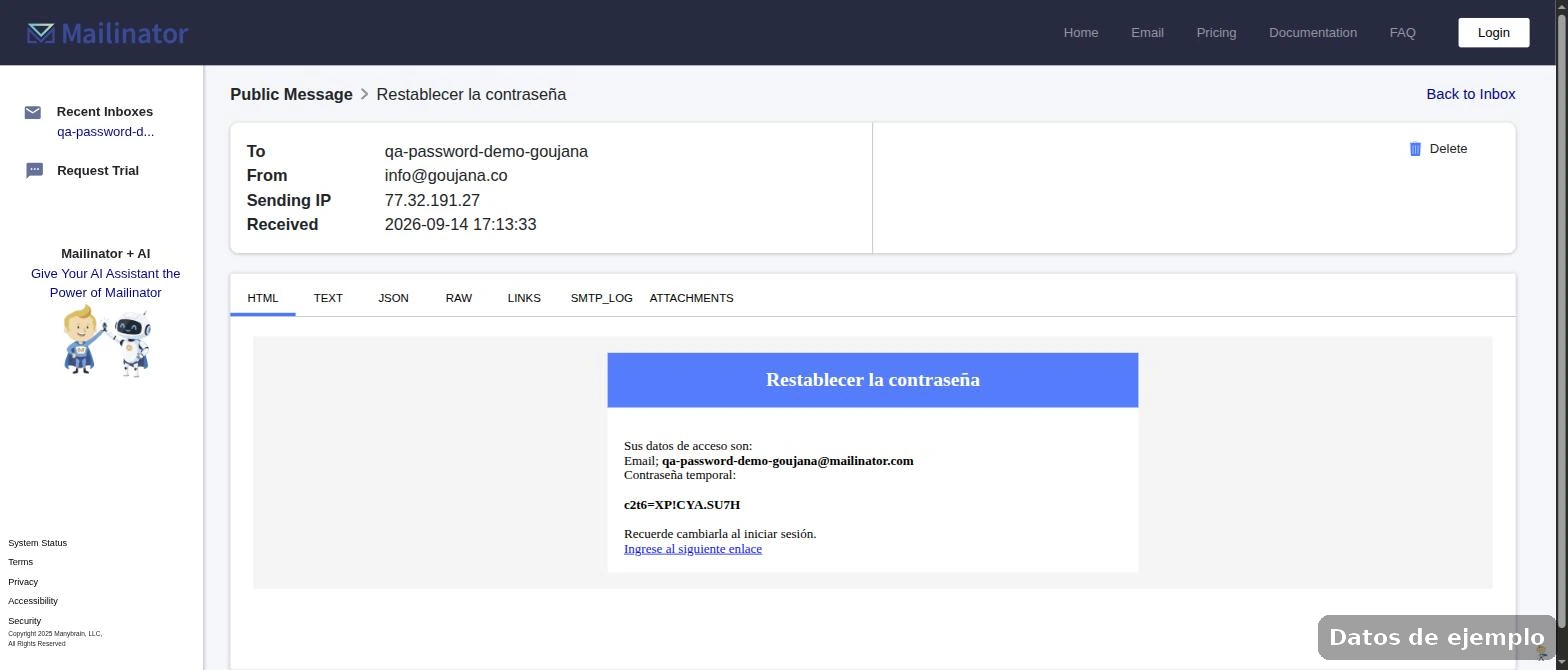 Correo «Restablecer la contraseña» con la contraseña temporal generada al azar
