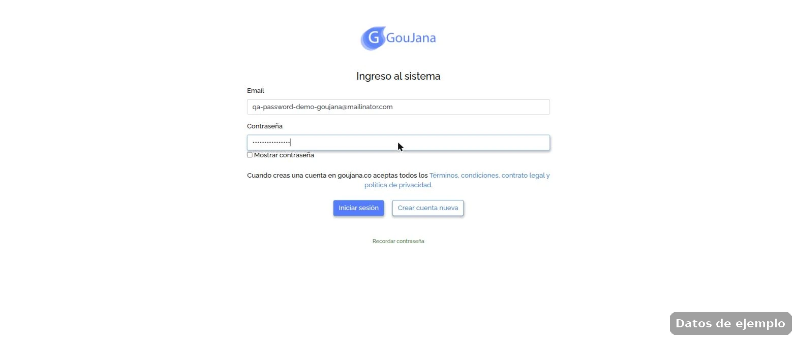 Pantalla de ingreso con el correo y la contraseña temporal escritos