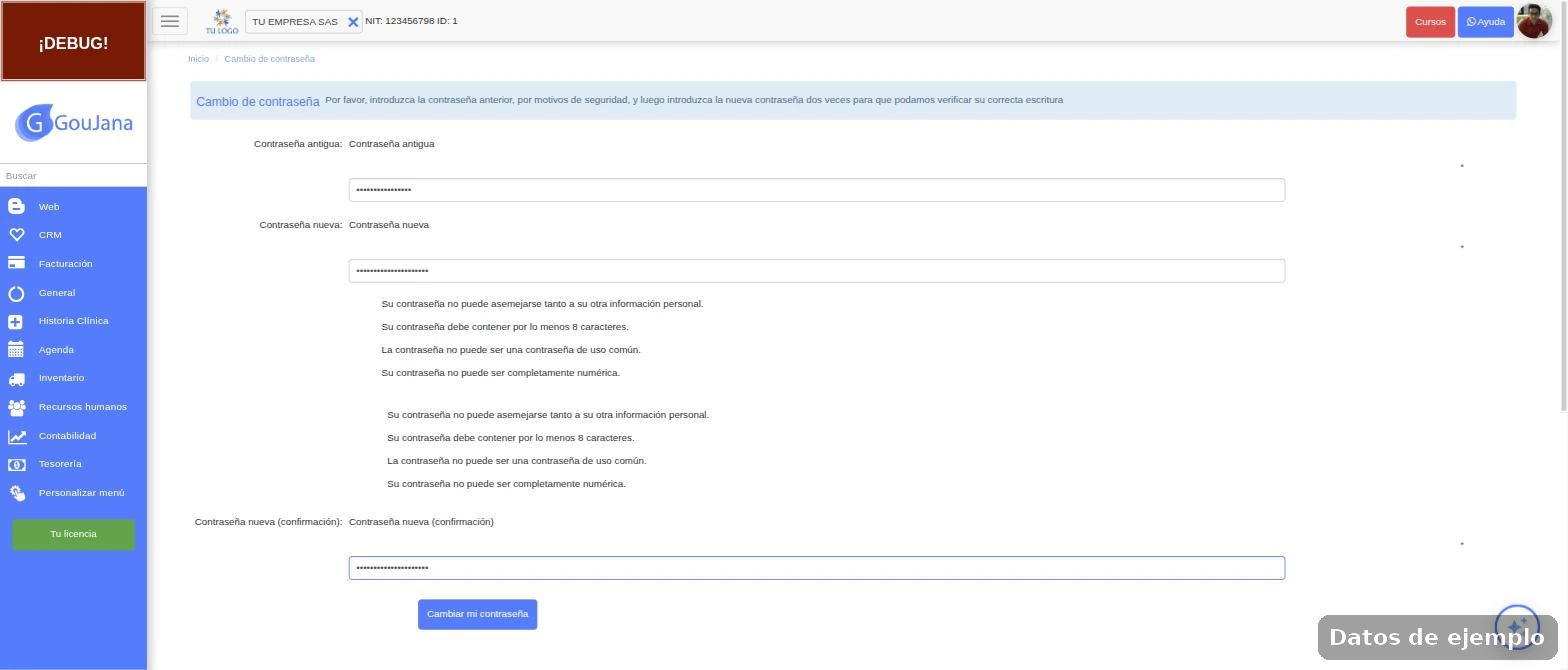 Formulario de cambio de contraseña con los tres campos ya llenos
