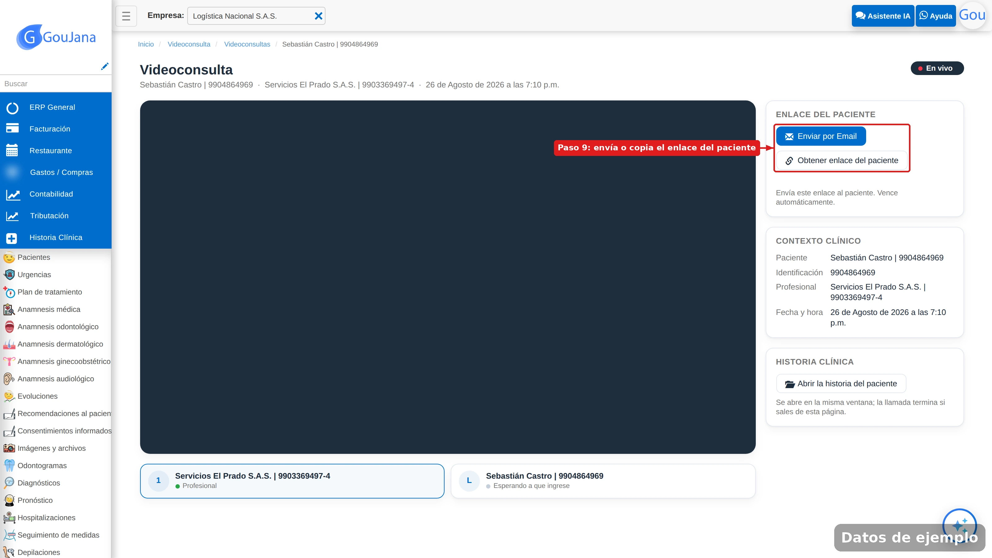 Panel Enlace del paciente en la sala, con los botones Enviar por email y Obtener enlace del paciente