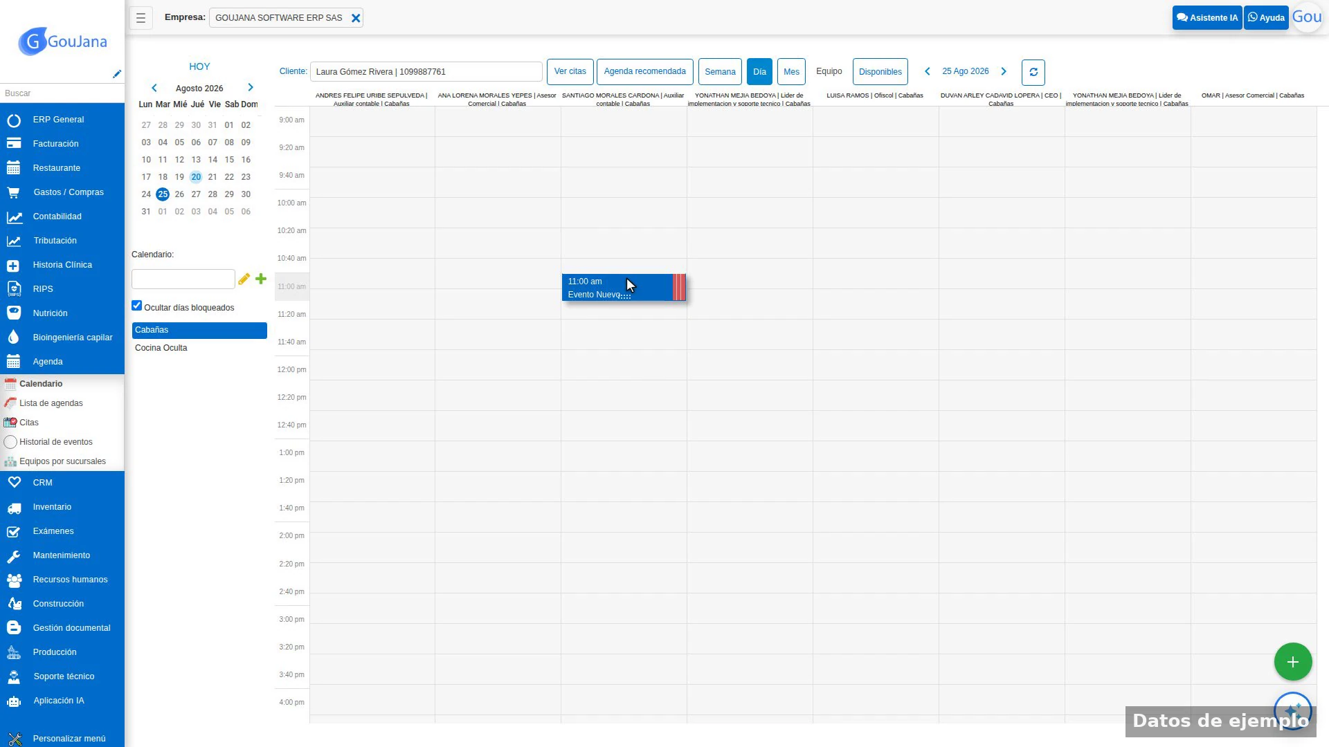 Calendario de la agenda con un bloque de hora seleccionado para la cita del paciente