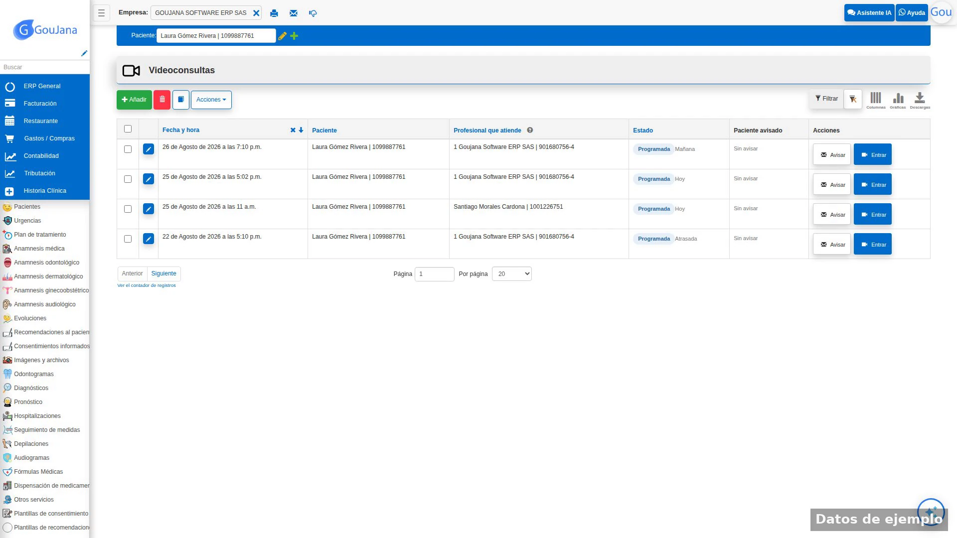 Lista de videoconsultas del paciente con la teleconsulta recién creada desde la cita
