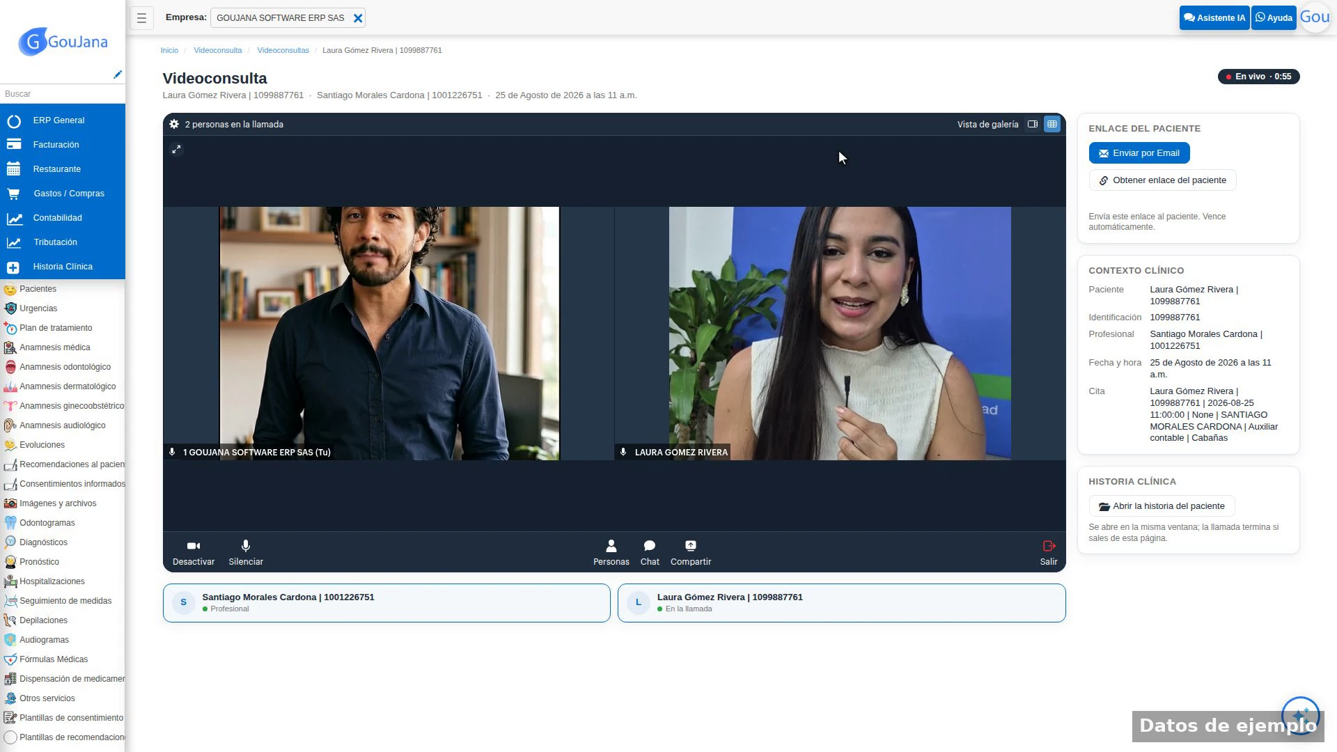 Videoconferencia en curso: profesional y paciente en cámara, con el contexto clínico del paciente al lado